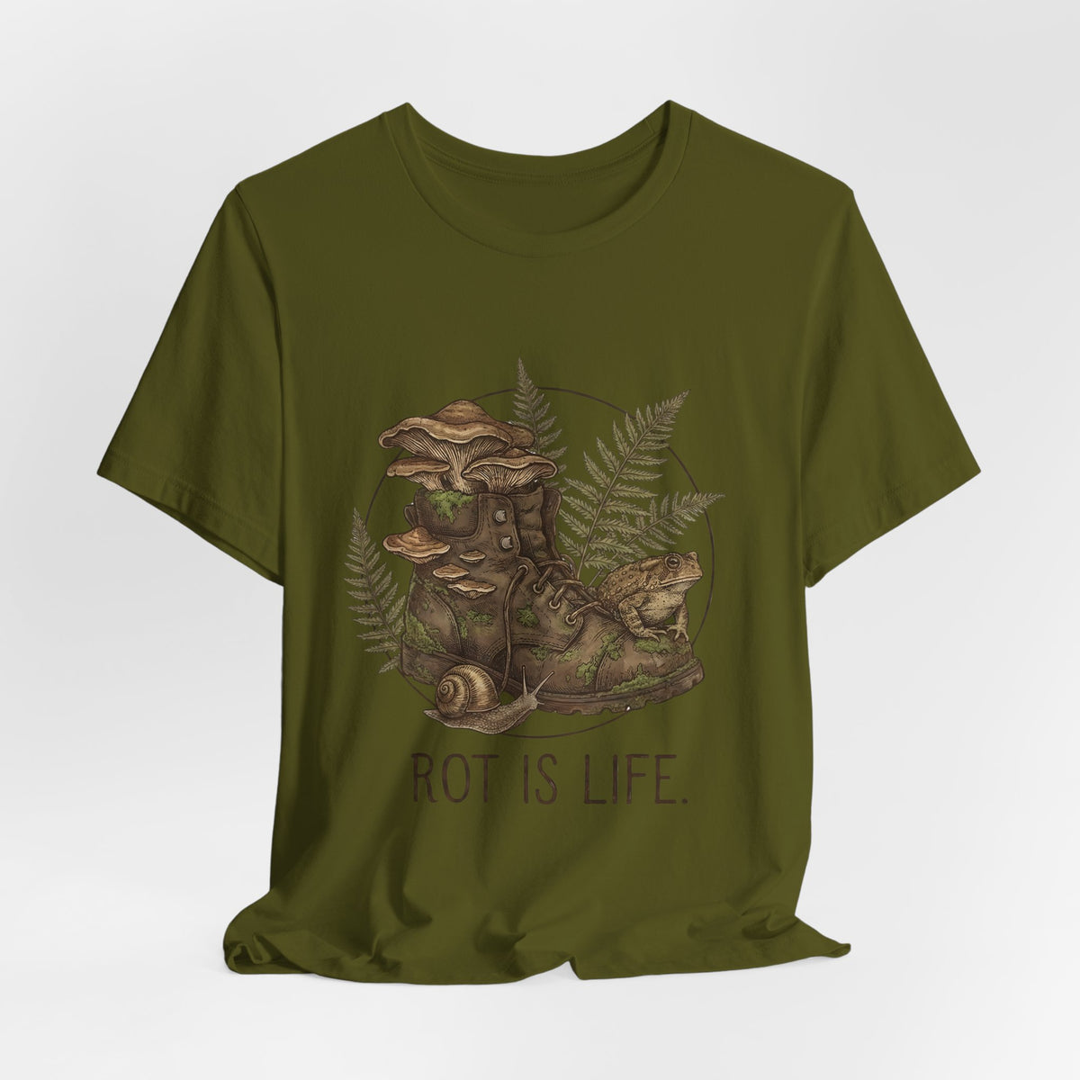 Rot Is Life T‑Shirt — Woodland Mushroom Decay Graphic Tee