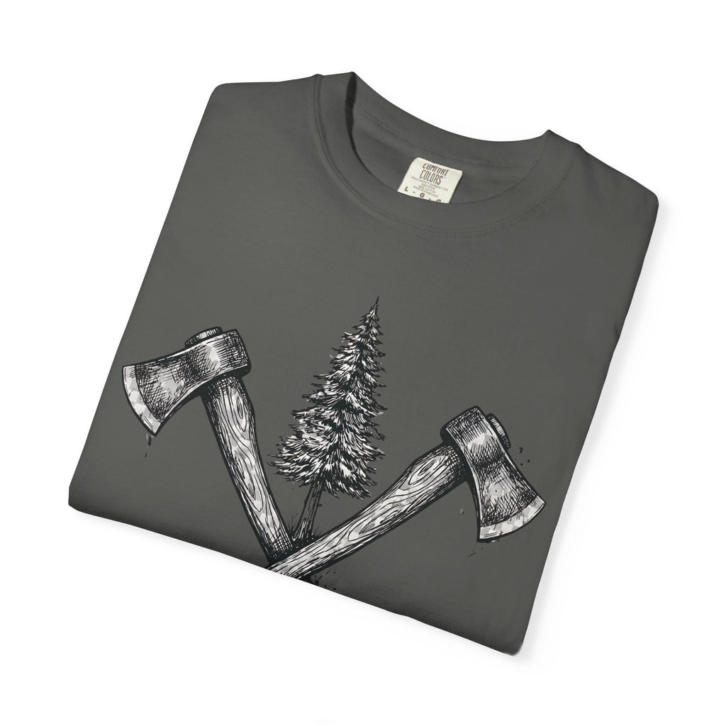 Axe & Pine Tree T-Shirt — Rustic Lumberjack Graphic Tee