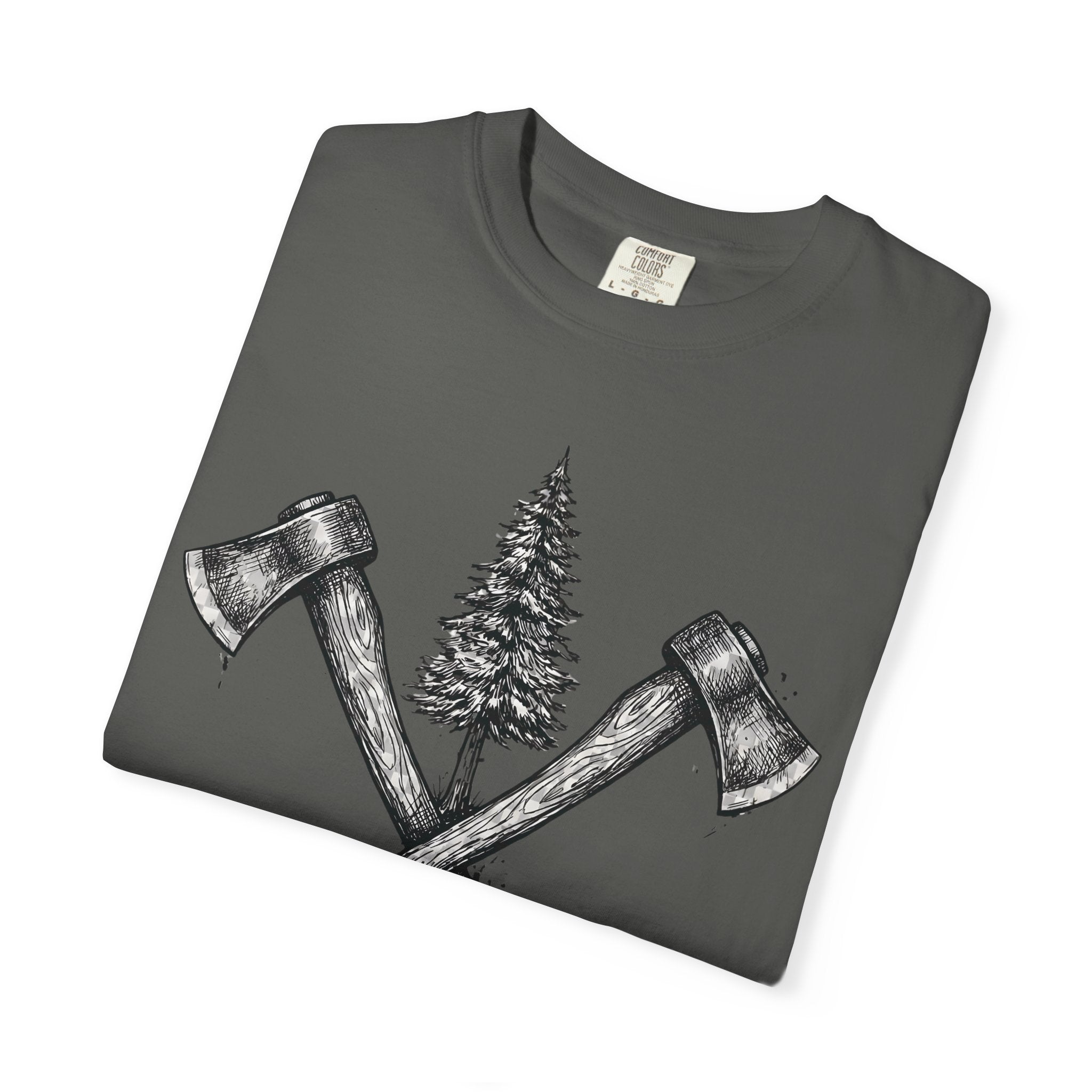 Axe & Pine Tree T-Shirt — Rustic Lumberjack Graphic Tee