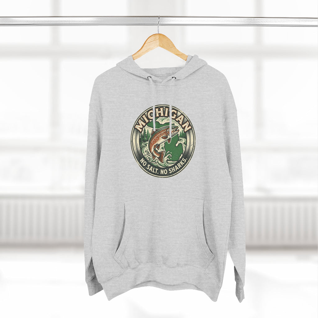 Michigan Fishing Badge Hoodie — No Salt, No Sharks Graphic Pullover