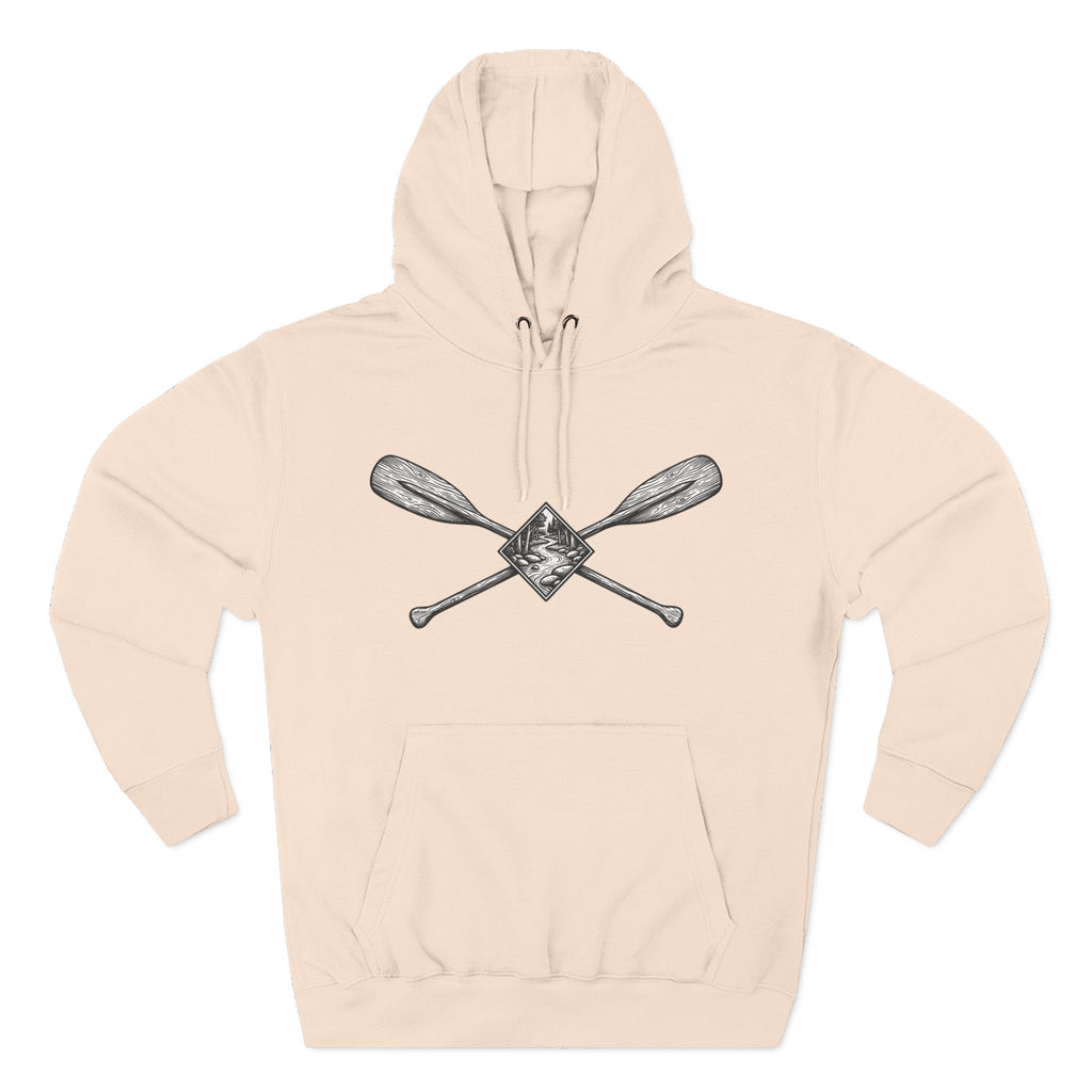 River Wanderer Premium Heavyweight Hoodie - Crossed Paddles Woodcut Design