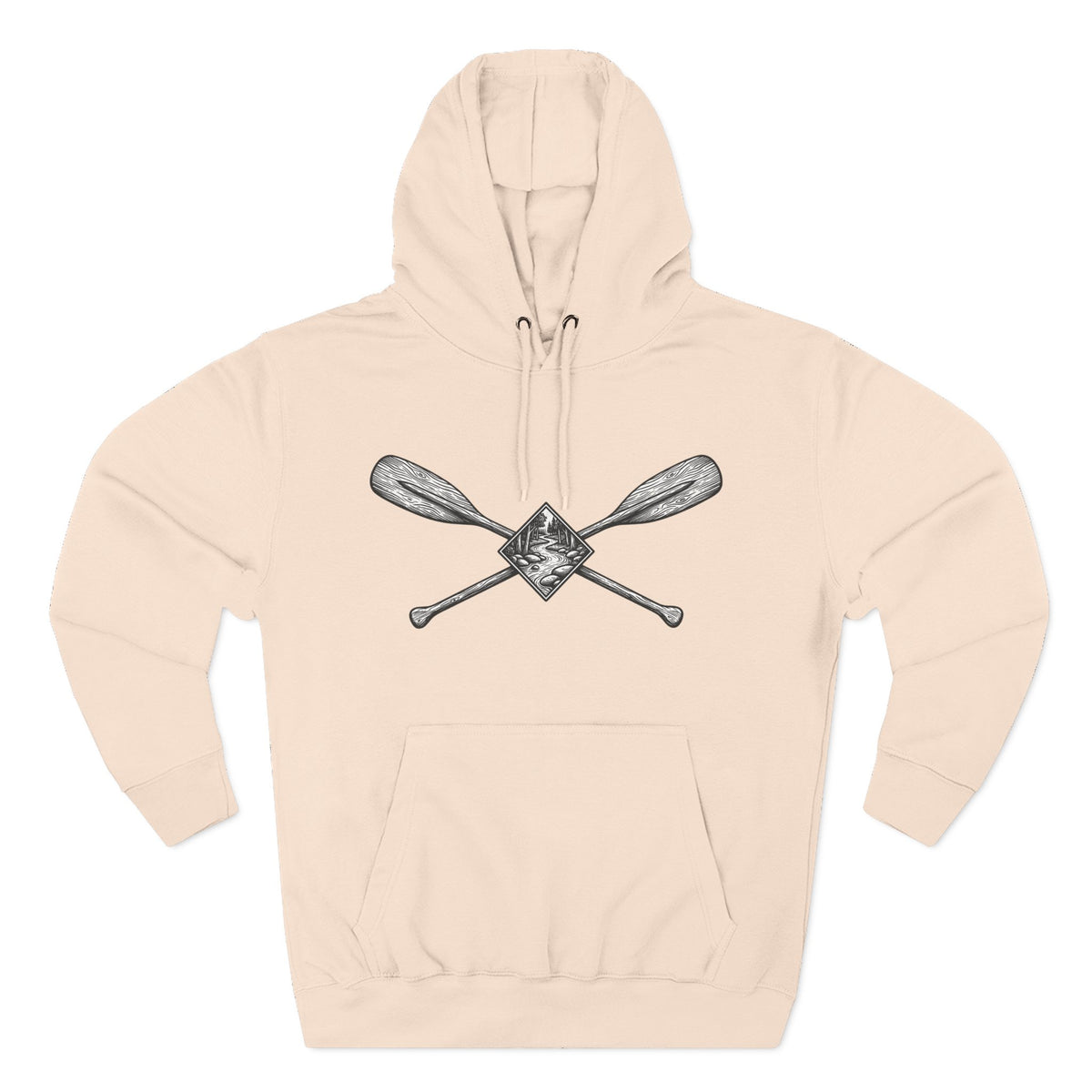 River Wanderer Premium Heavyweight Hoodie - Crossed Paddles Woodcut Design