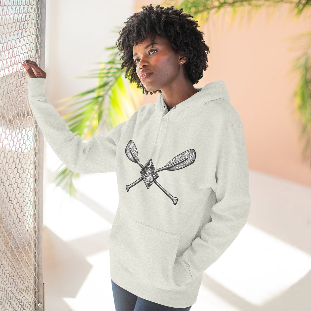 River Wanderer Premium Heavyweight Hoodie - Crossed Paddles Woodcut Design
