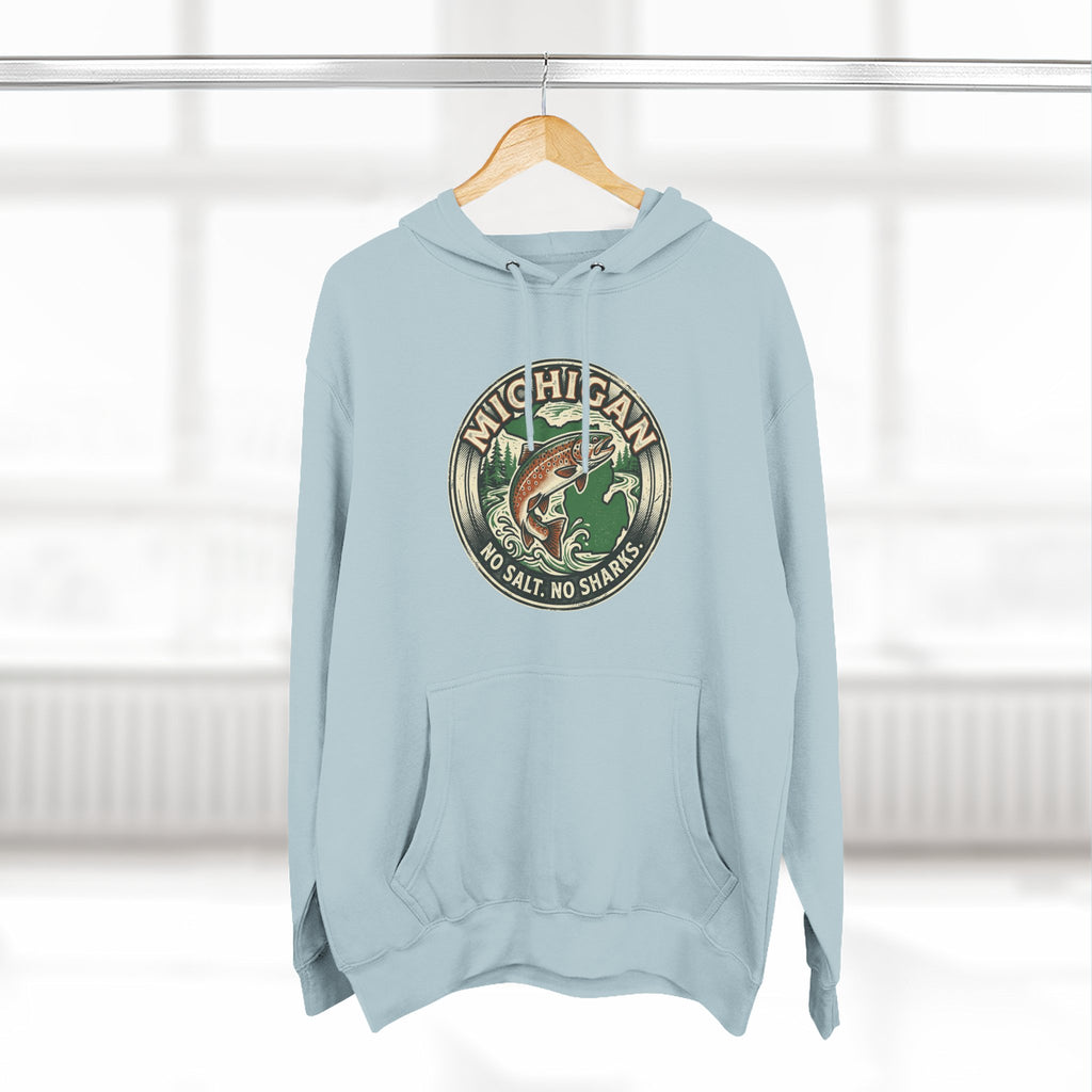 Michigan Fishing Badge Hoodie — No Salt, No Sharks Graphic Pullover