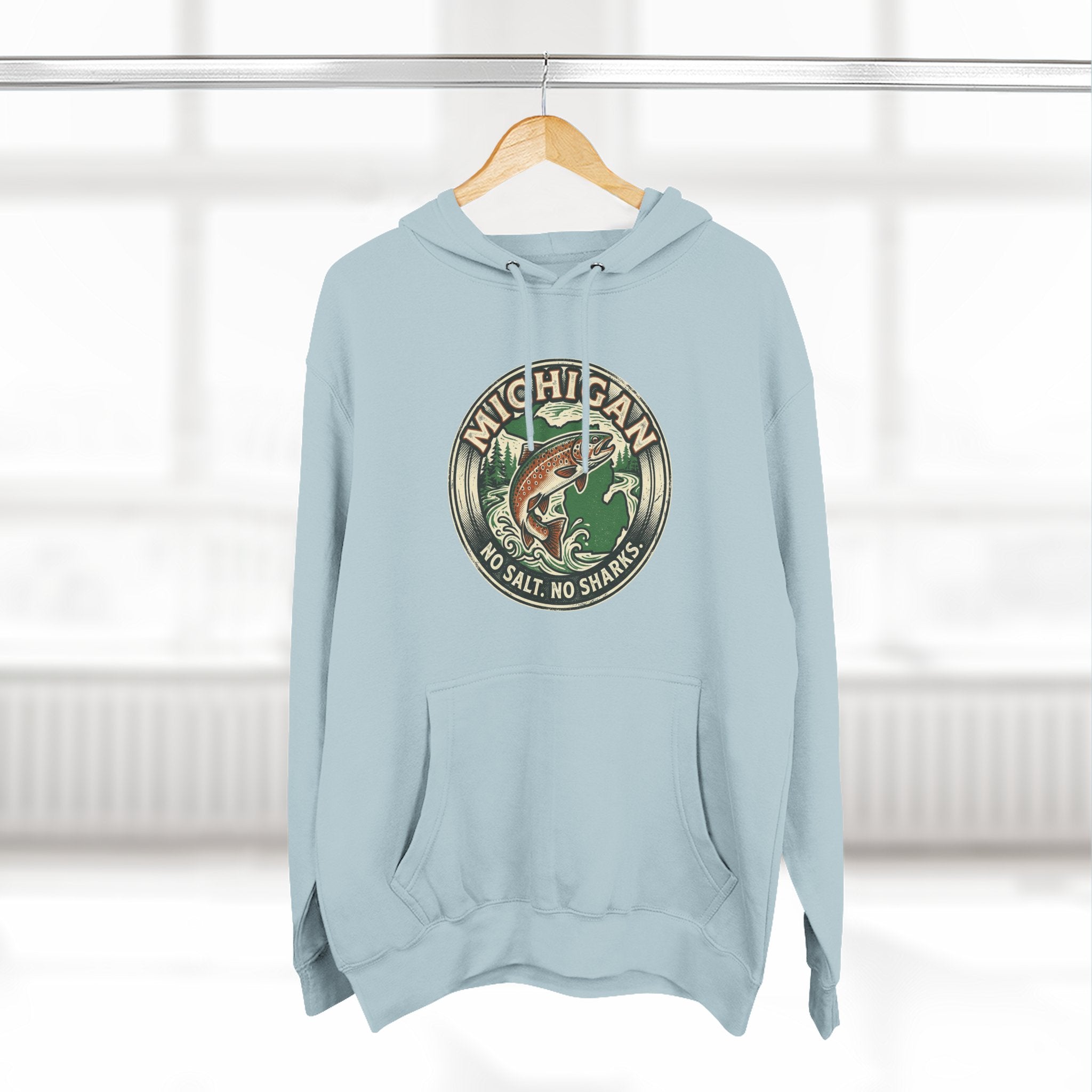 Michigan Fishing Badge Hoodie — No Salt, No Sharks Graphic Pullover