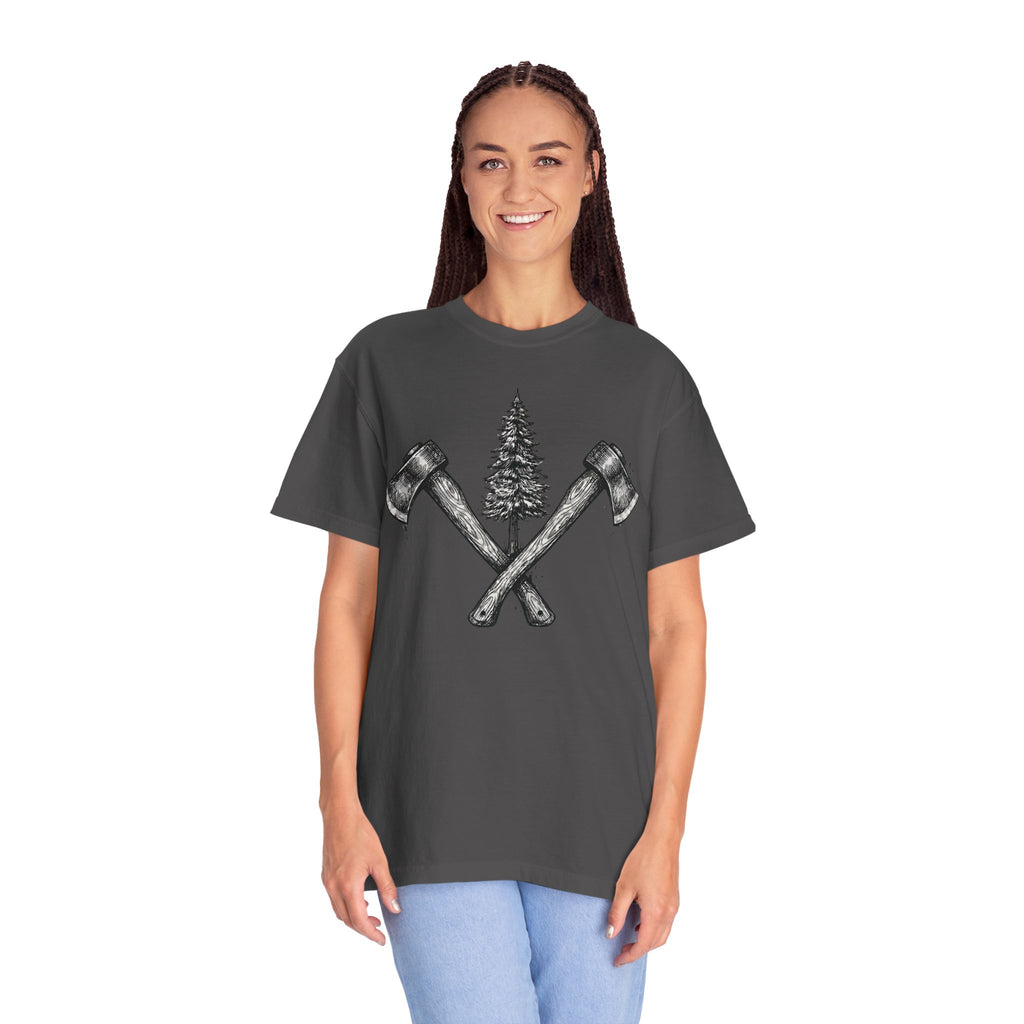 Axe & Pine Tree T-Shirt — Rustic Lumberjack Graphic Tee