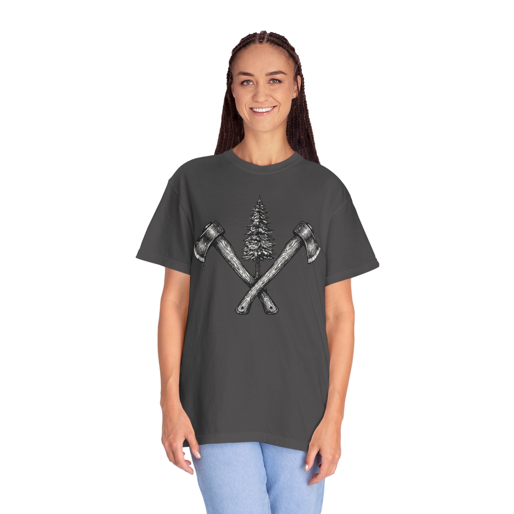 Axe & Pine Tree T-Shirt — Rustic Lumberjack Graphic Tee
