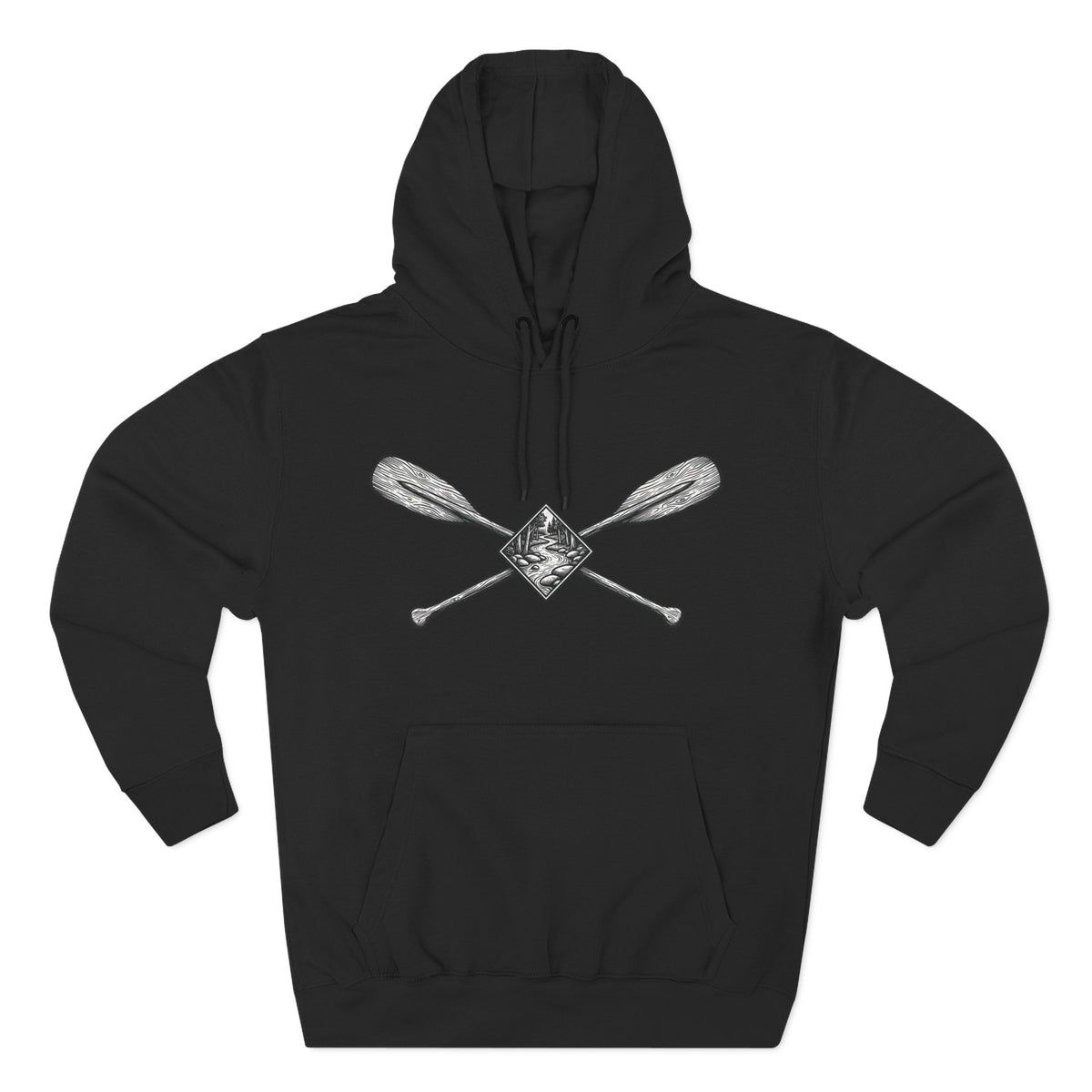 River Wanderer Premium Heavyweight Hoodie - Crossed Paddles Woodcut Design