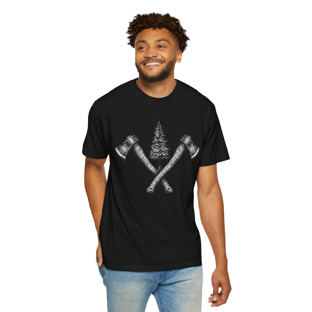 Axe & Pine Tree T-Shirt — Rustic Lumberjack Graphic Tee