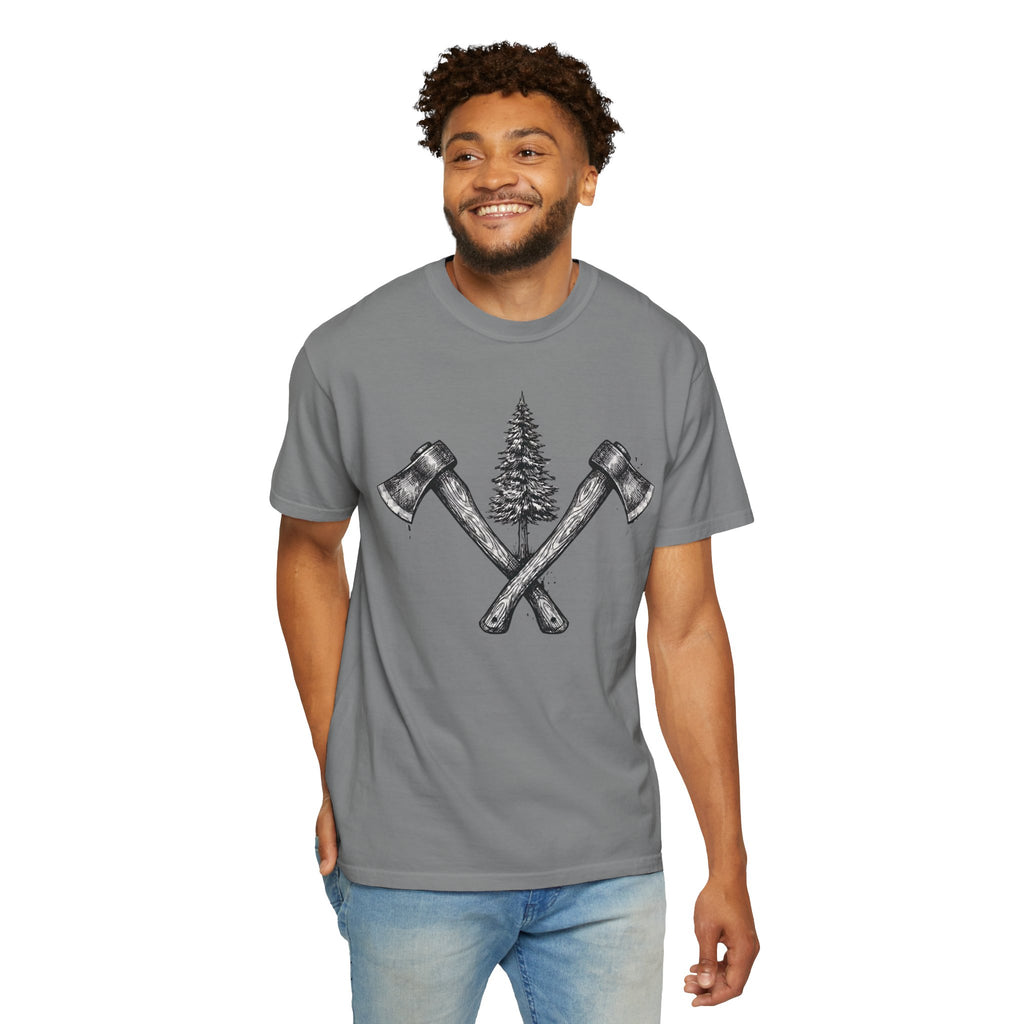 Axe & Pine Tree T-Shirt — Rustic Lumberjack Graphic Tee