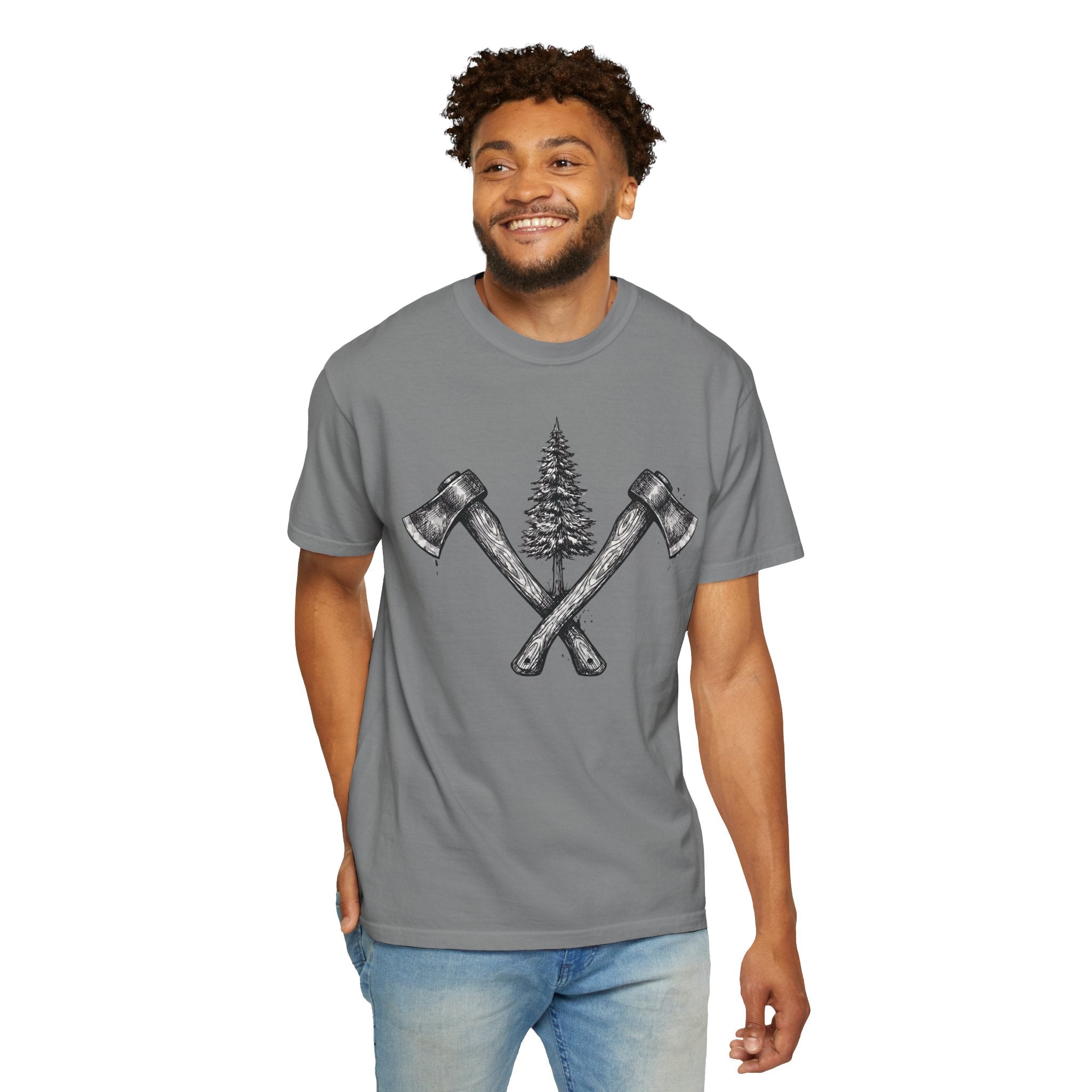 Axe & Pine Tree T-Shirt — Rustic Lumberjack Graphic Tee