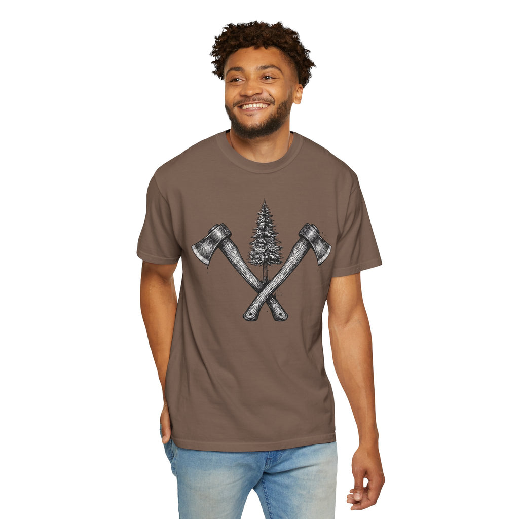 Axe & Pine Tree T-Shirt — Rustic Lumberjack Graphic Tee