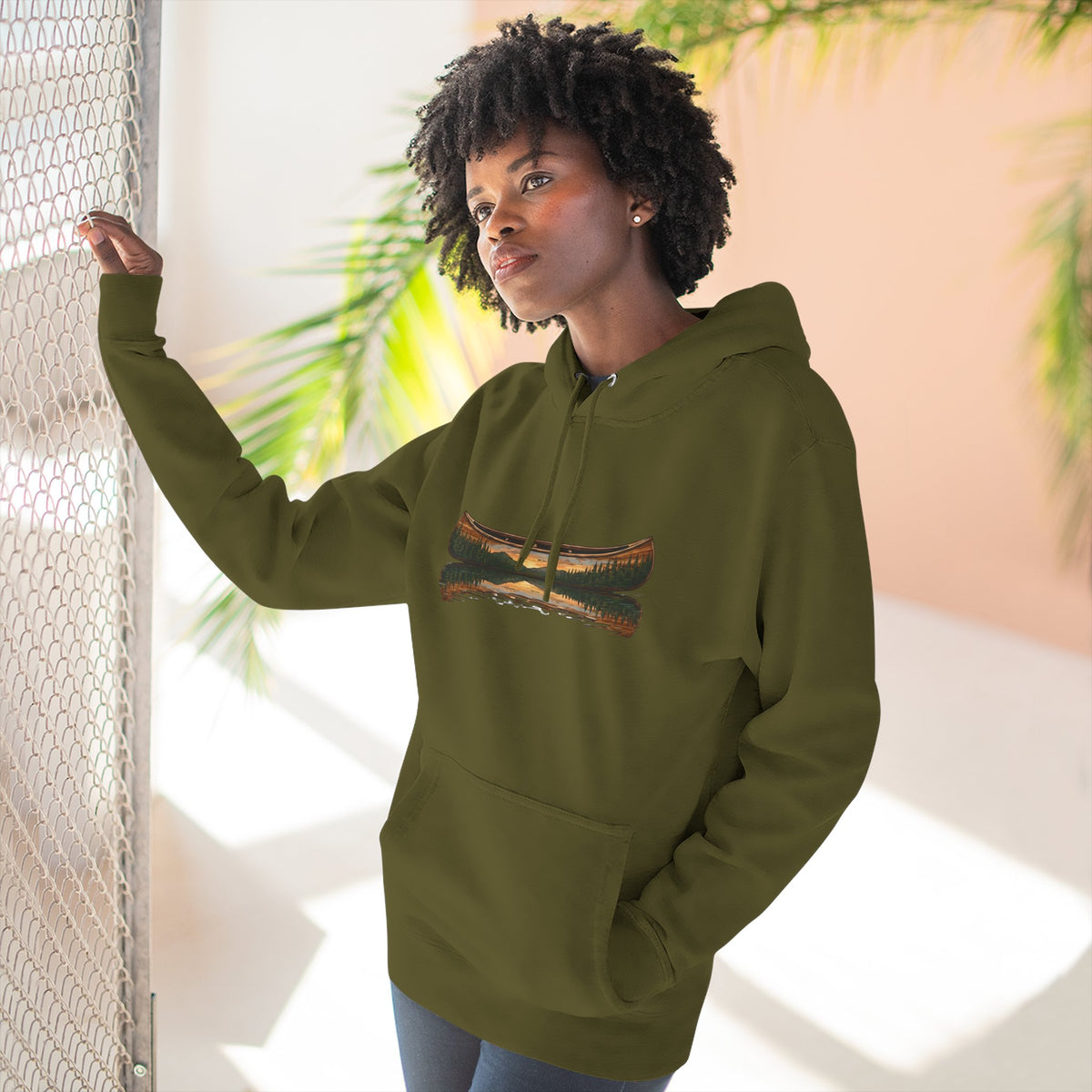 The "Morning Stillness" Premium Hoodie - Vintage Canoe Woodcut