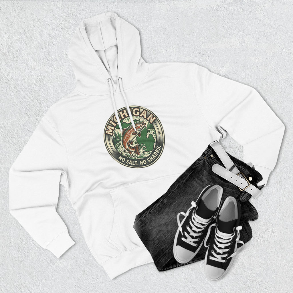 Michigan Fishing Badge Hoodie — No Salt, No Sharks Graphic Pullover