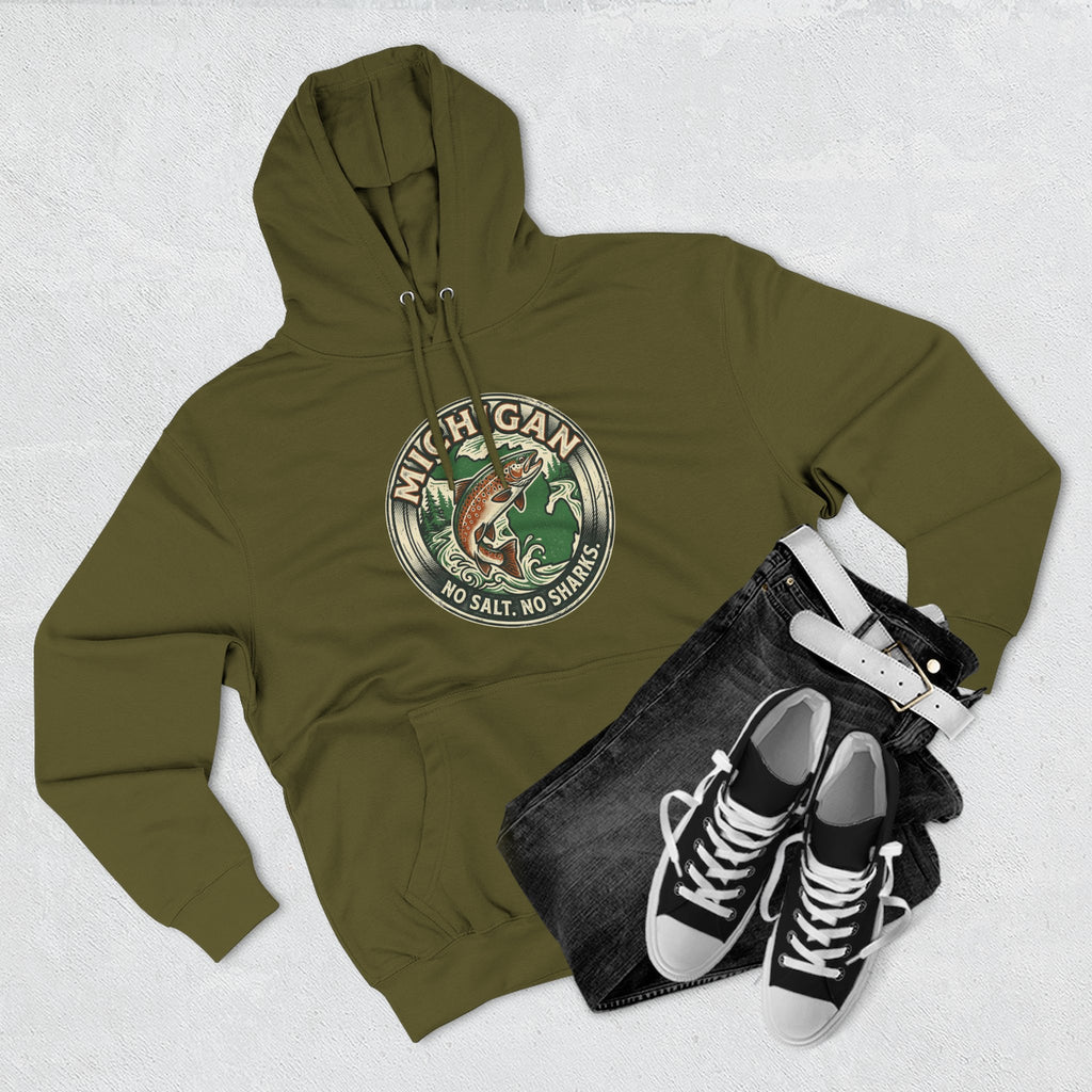 Michigan Fishing Badge Hoodie — No Salt, No Sharks Graphic Pullover