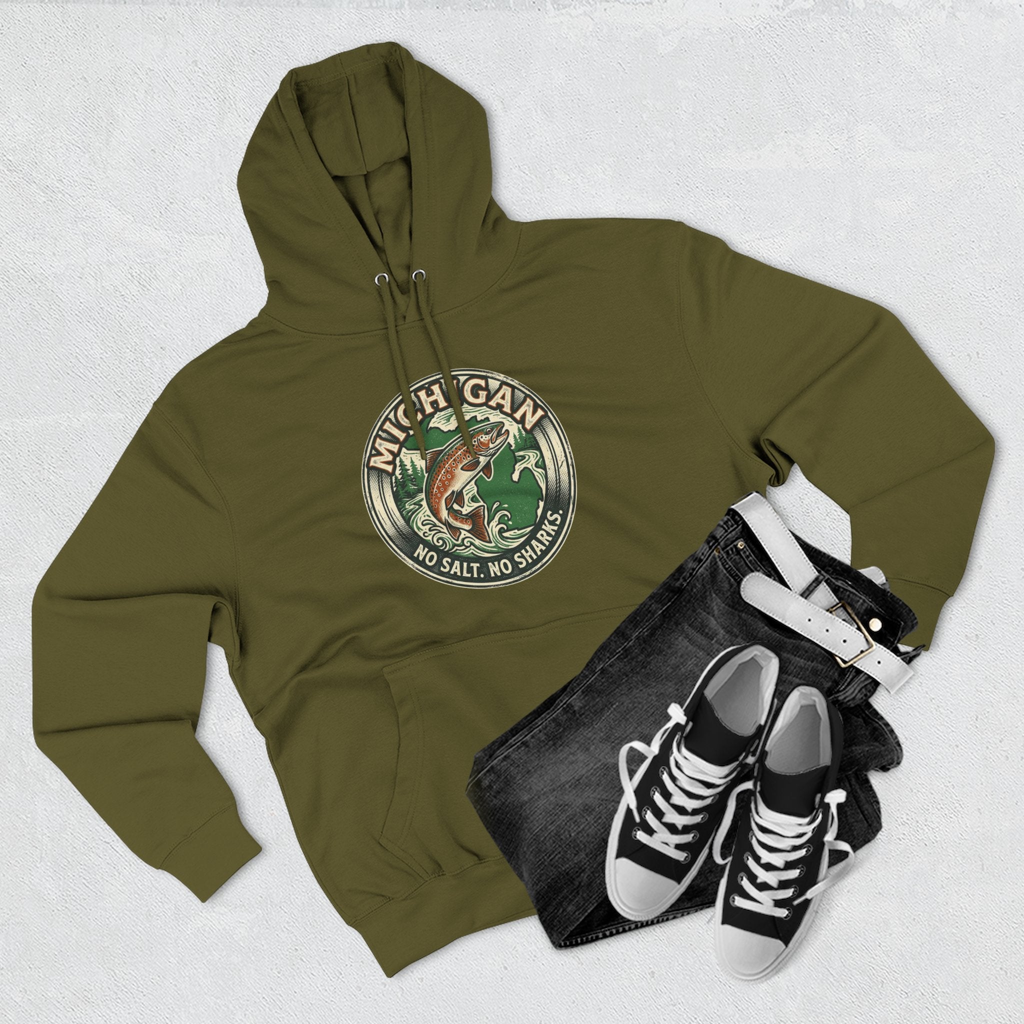 Michigan Fishing Badge Hoodie — No Salt, No Sharks Graphic Pullover