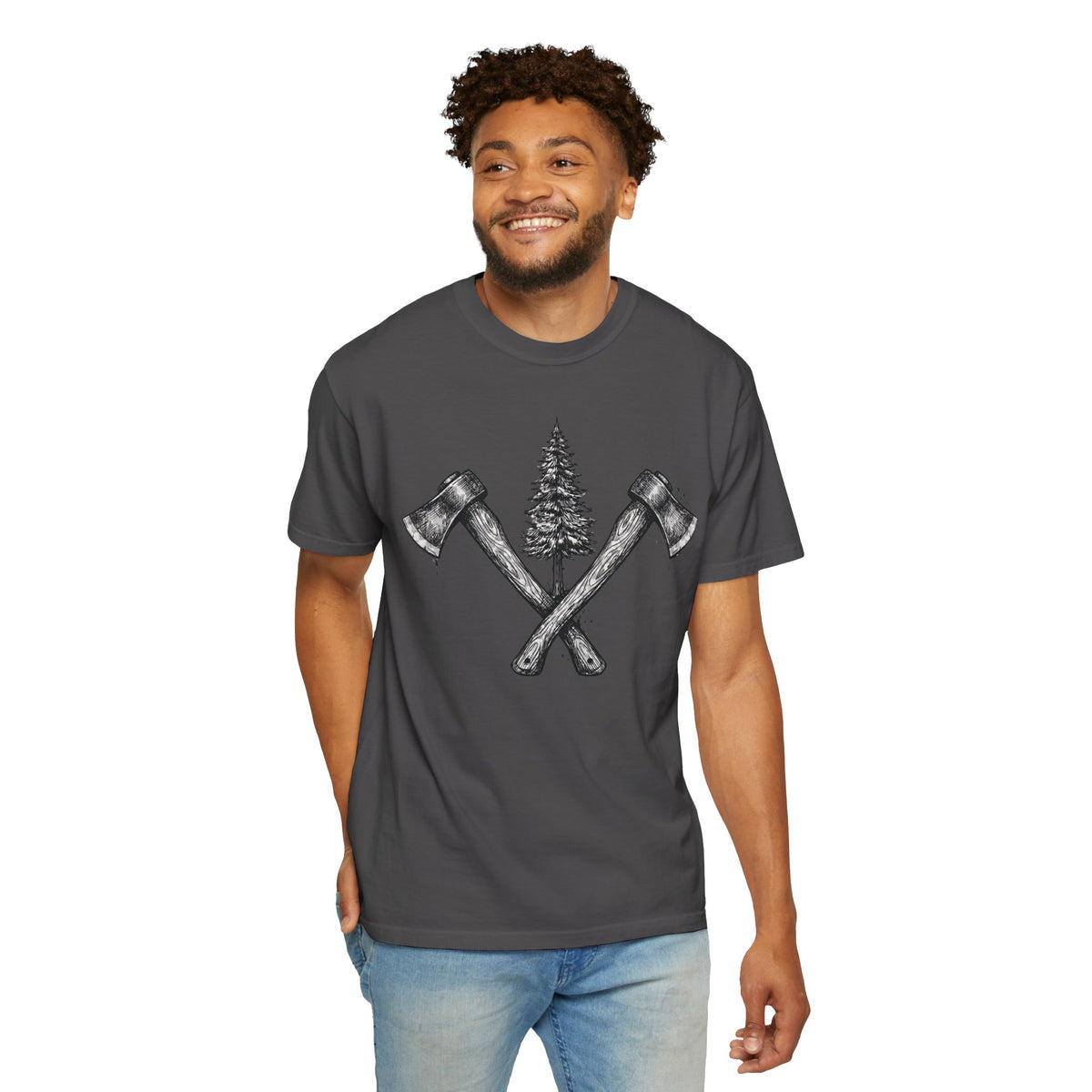 Axe & Pine Tree T-Shirt — Rustic Lumberjack Graphic Tee