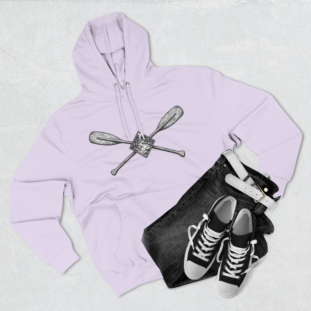 River Wanderer Premium Heavyweight Hoodie - Crossed Paddles Woodcut Design