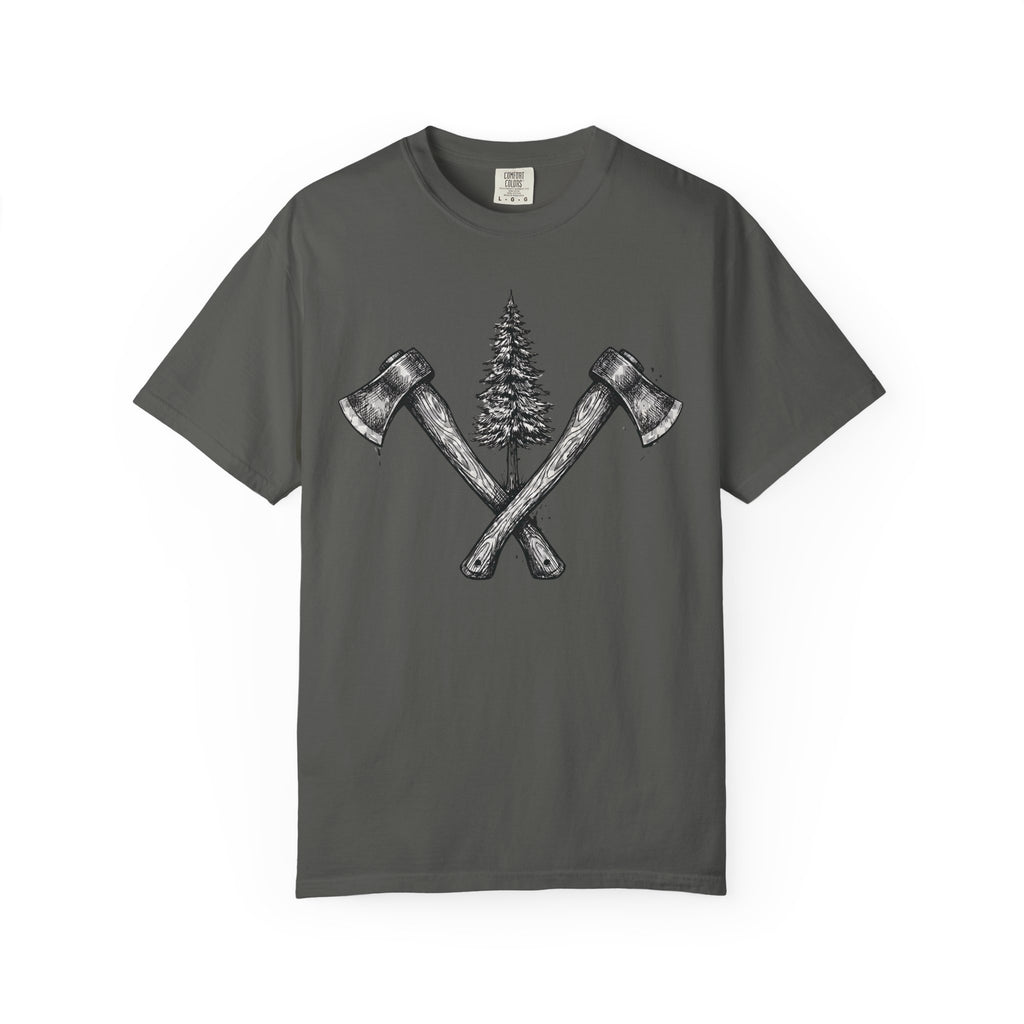 Axe & Pine Tree T-Shirt — Rustic Lumberjack Graphic Tee