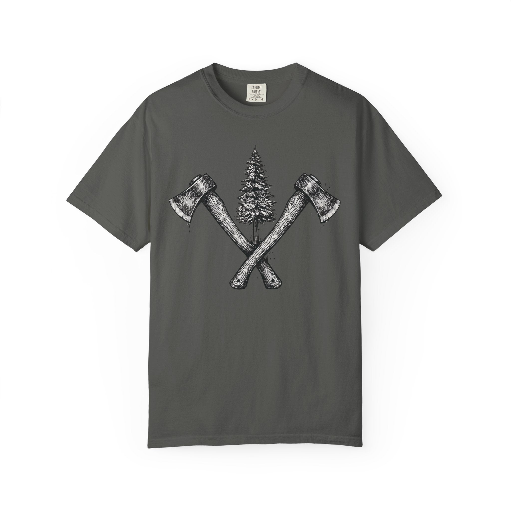 Axe & Pine Tree T-Shirt — Rustic Lumberjack Graphic Tee