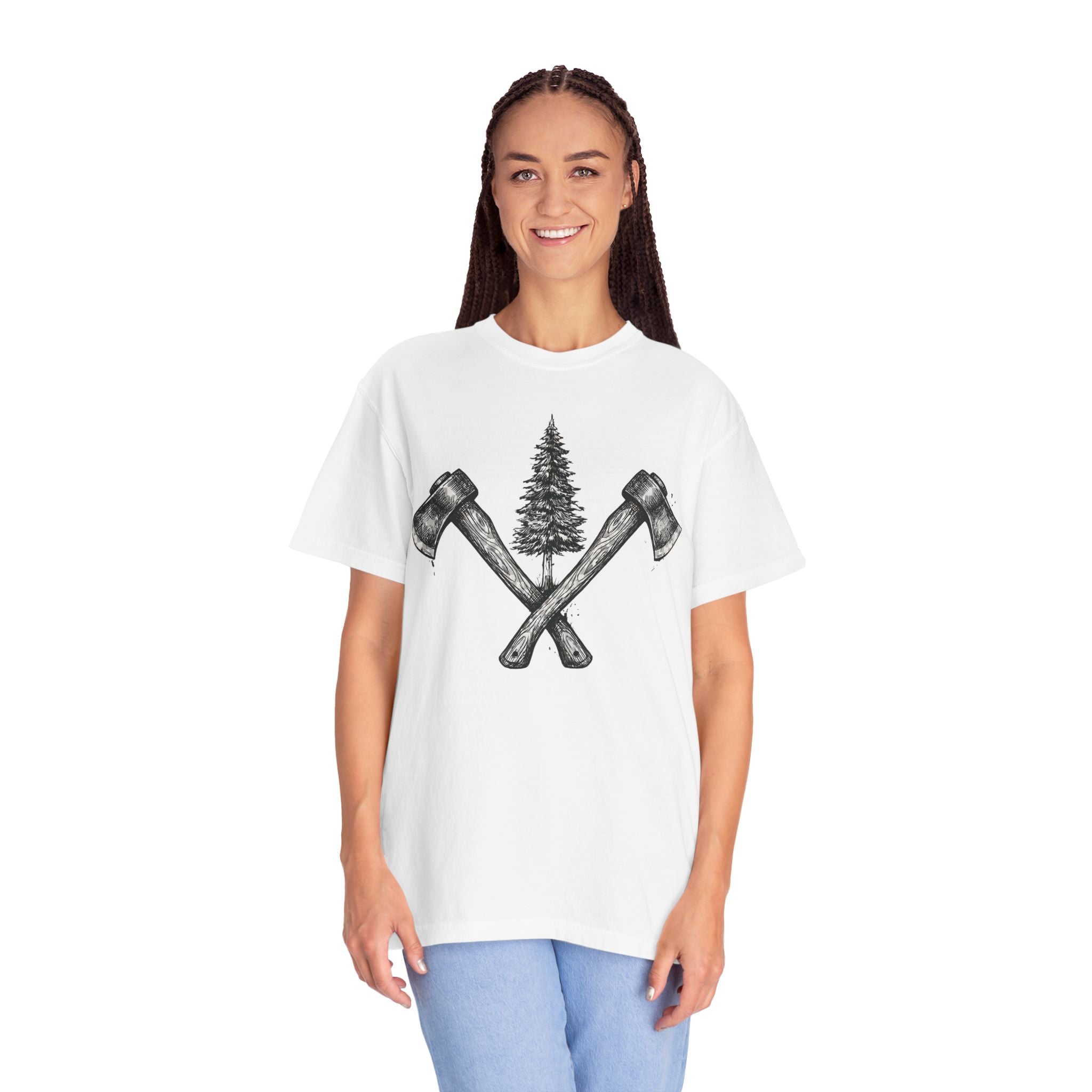Axe & Pine Tree T-Shirt — Rustic Lumberjack Graphic Tee