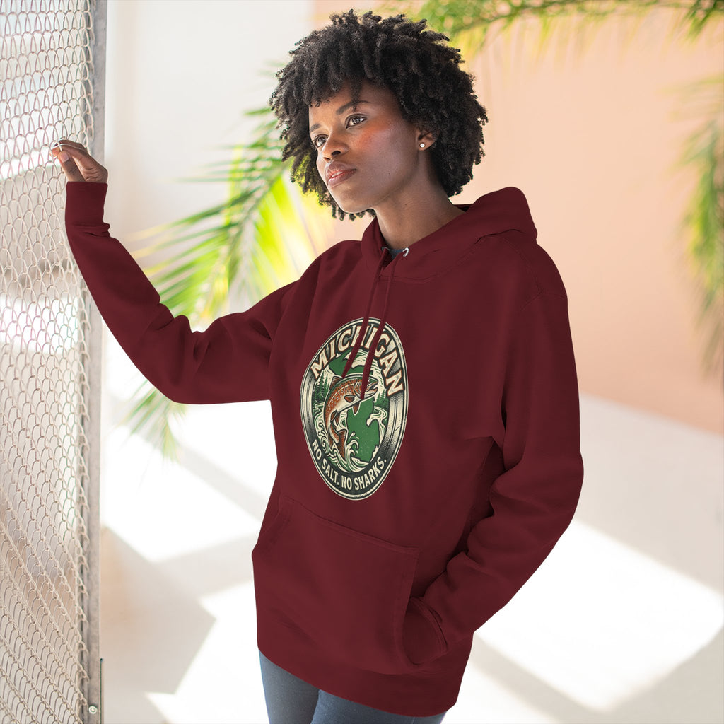 Michigan Fishing Badge Hoodie — No Salt, No Sharks Graphic Pullover