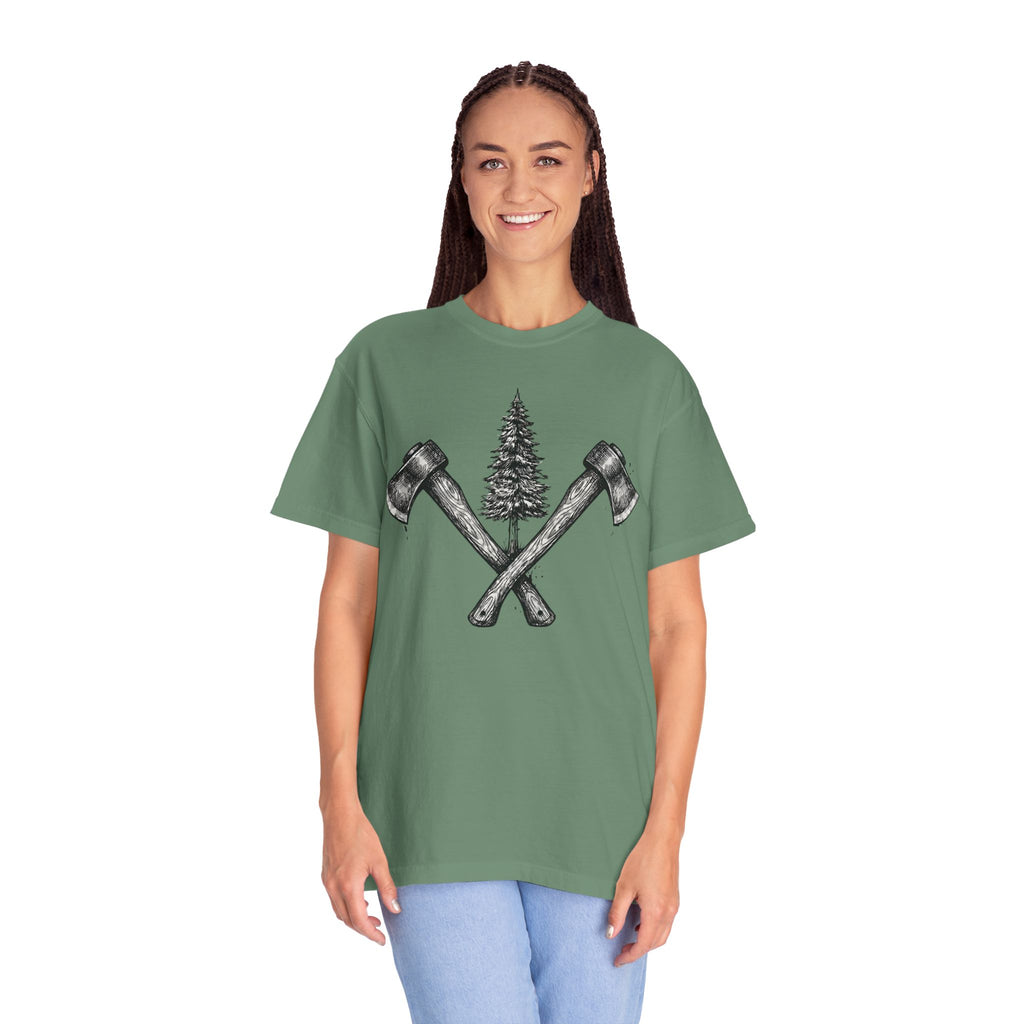 Axe & Pine Tree T-Shirt — Rustic Lumberjack Graphic Tee