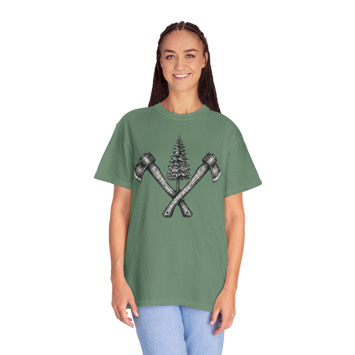 Axe & Pine Tree T-Shirt — Rustic Lumberjack Graphic Tee