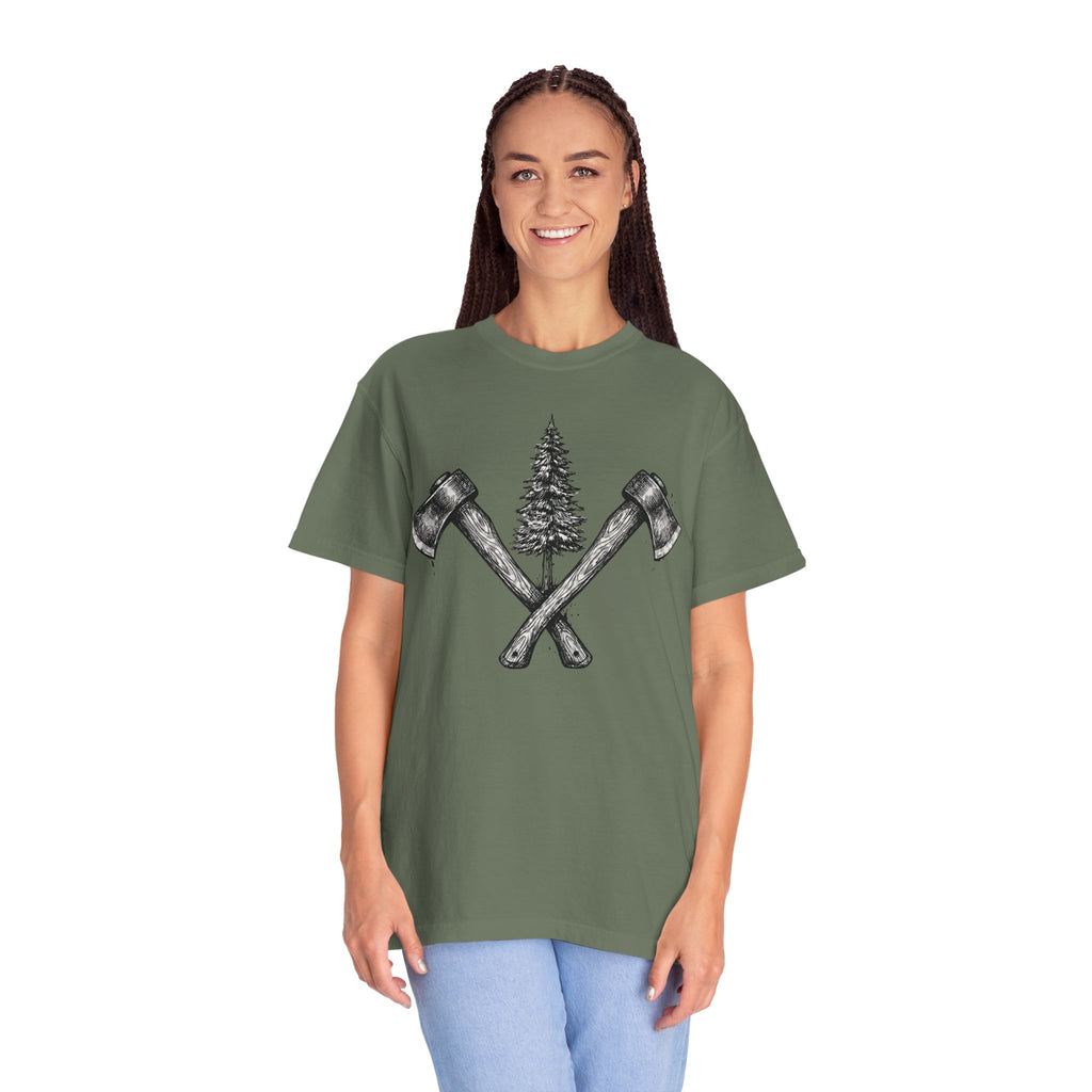Axe & Pine Tree T-Shirt — Rustic Lumberjack Graphic Tee