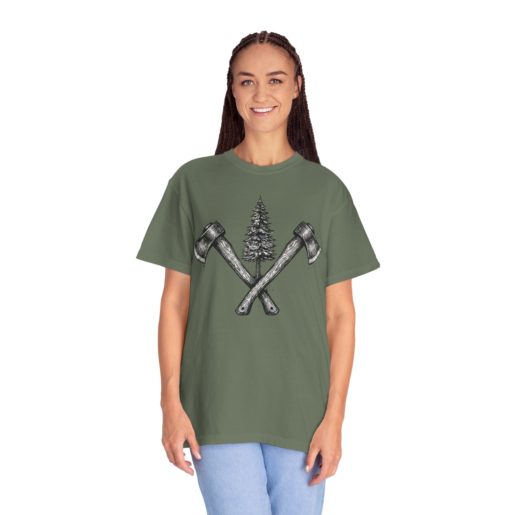 Axe & Pine Tree T-Shirt — Rustic Lumberjack Graphic Tee