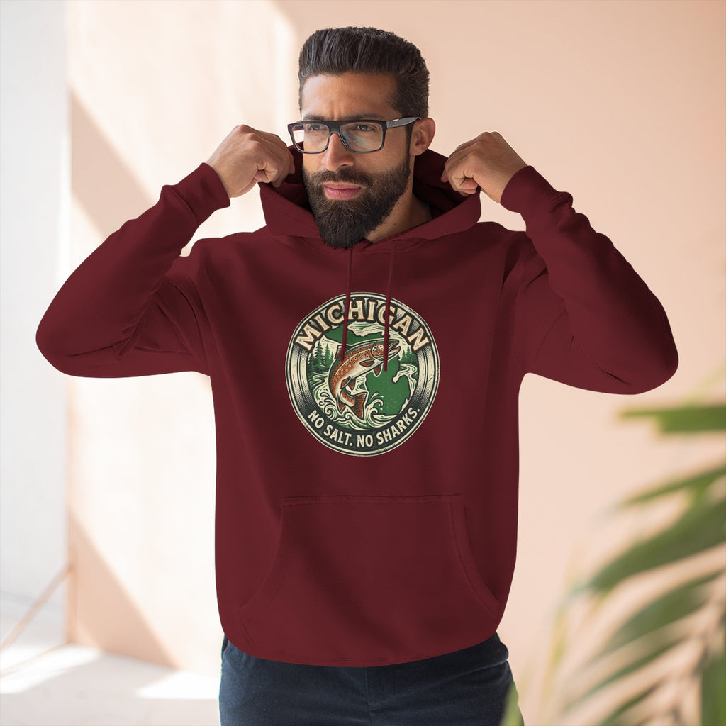 Michigan Fishing Badge Hoodie — No Salt, No Sharks Graphic Pullover