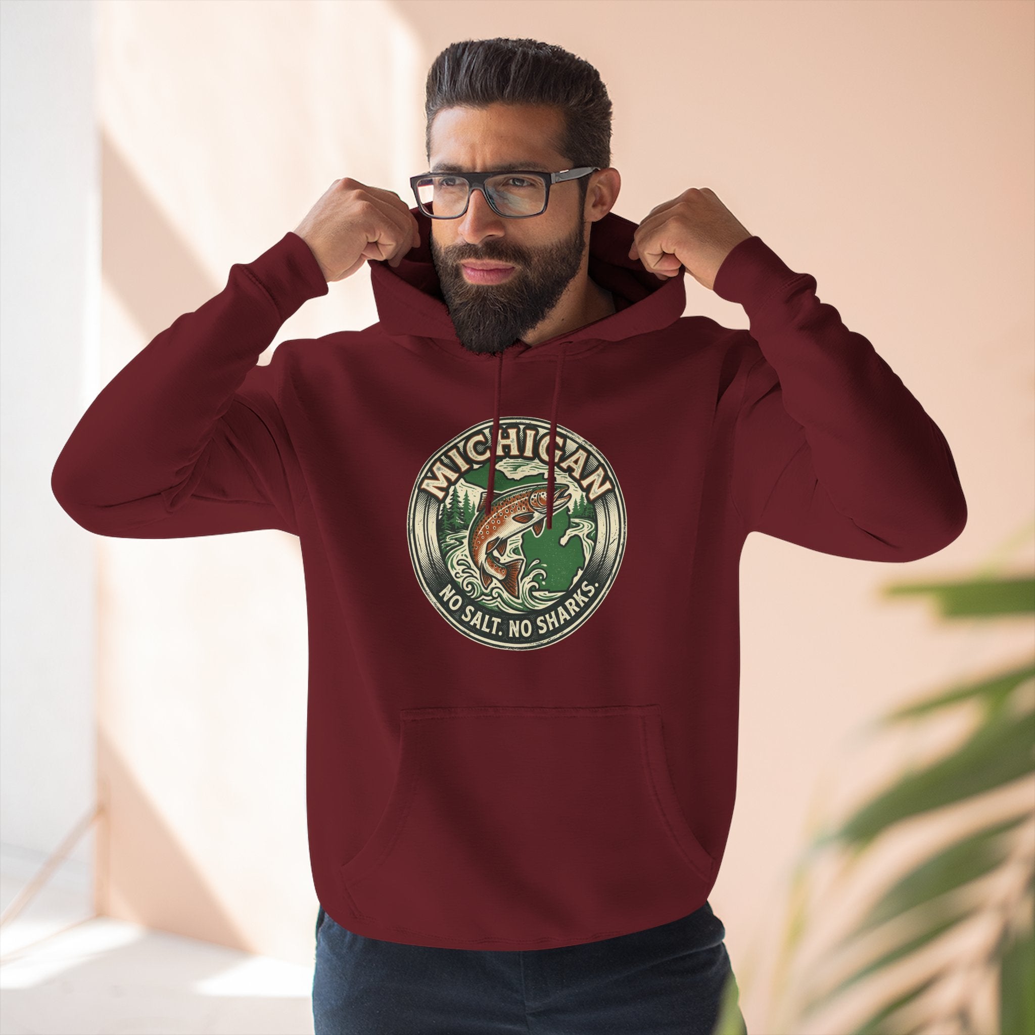 Michigan Fishing Badge Hoodie — No Salt, No Sharks Graphic Pullover