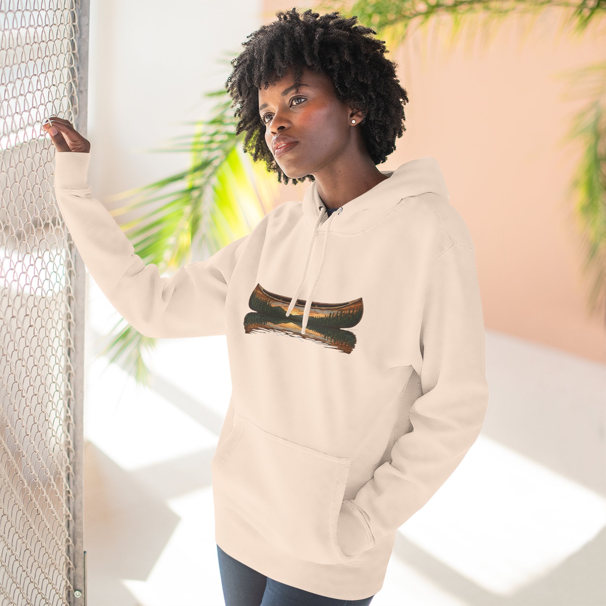 The "Morning Stillness" Premium Hoodie - Vintage Canoe Woodcut