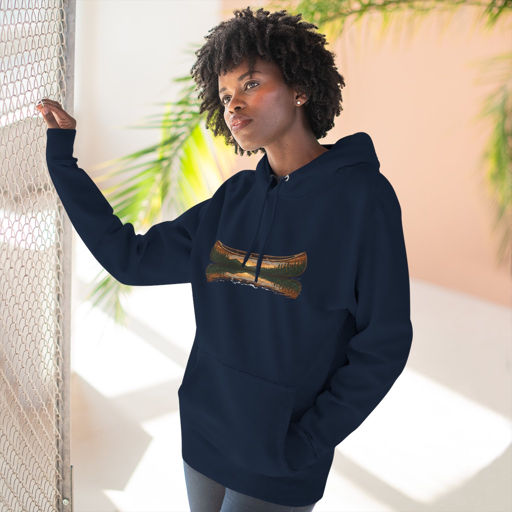 The "Morning Stillness" Premium Hoodie - Vintage Canoe Woodcut