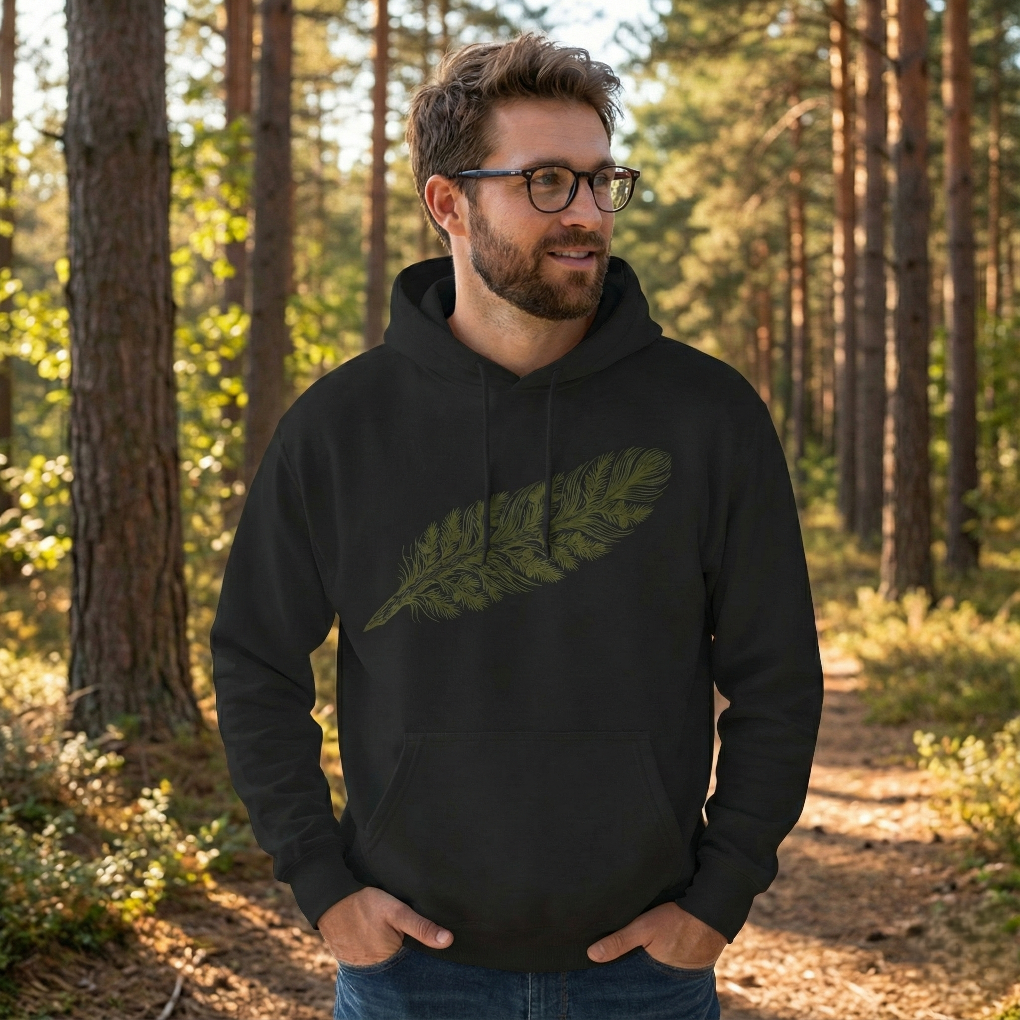 The "Forest Feather" Premium Hoodie - Pine Needle & Quill Illustration