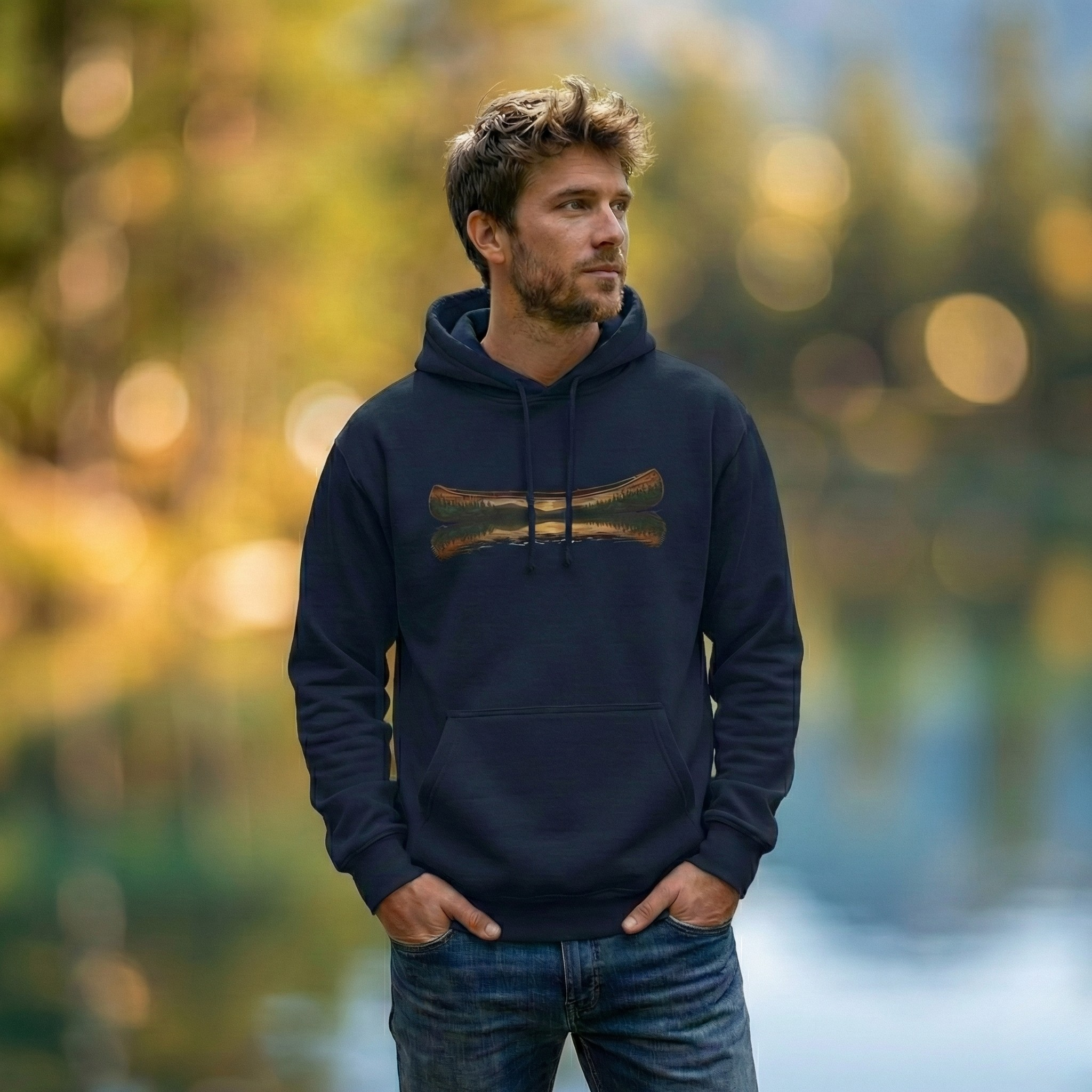 The "Morning Stillness" Premium Hoodie - Vintage Canoe Woodcut