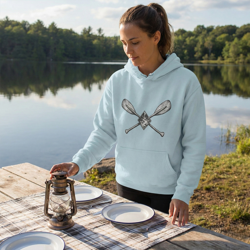 River Wanderer Premium Heavyweight Hoodie - Crossed Paddles Woodcut Design