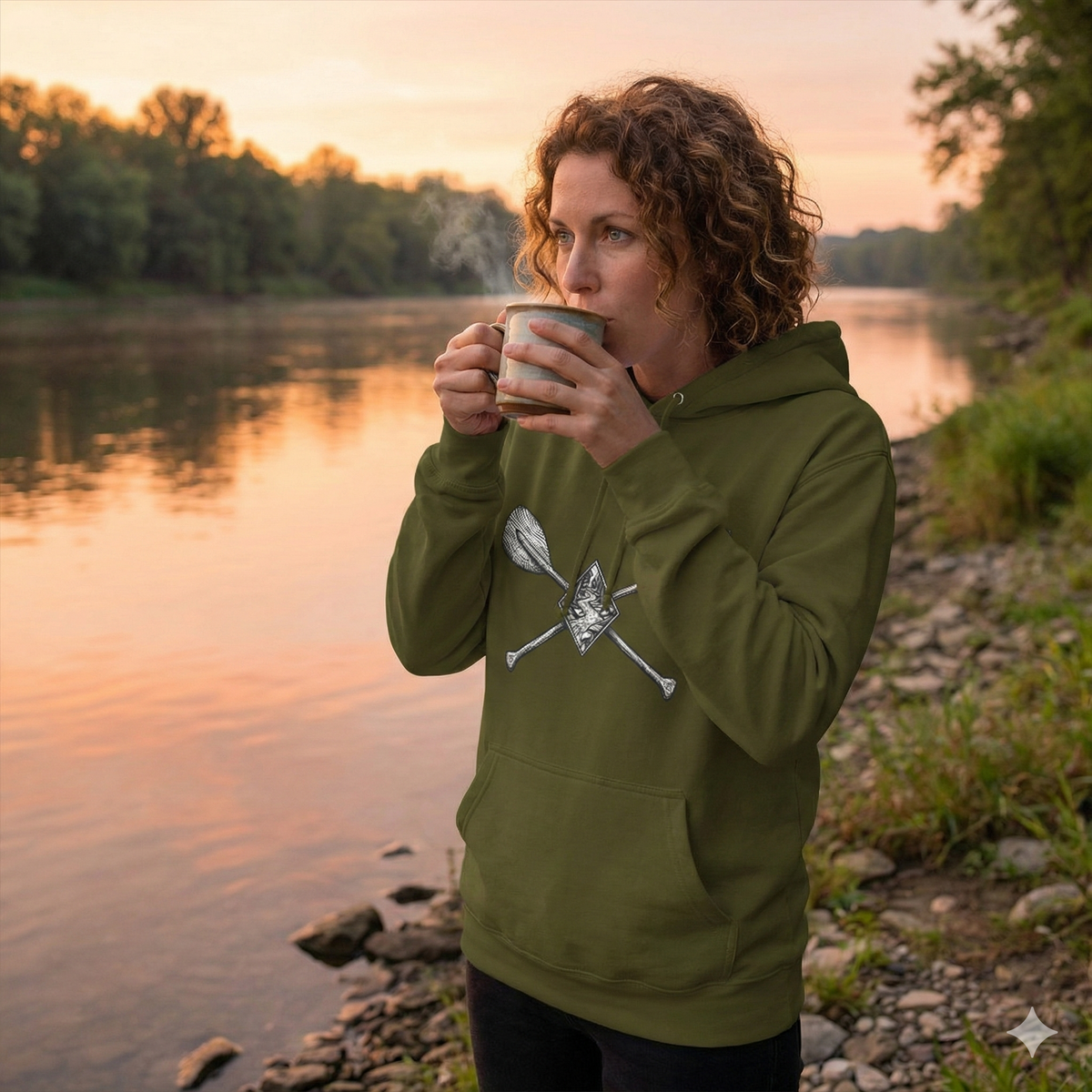 River Wanderer Premium Heavyweight Hoodie - Crossed Paddles Woodcut Design