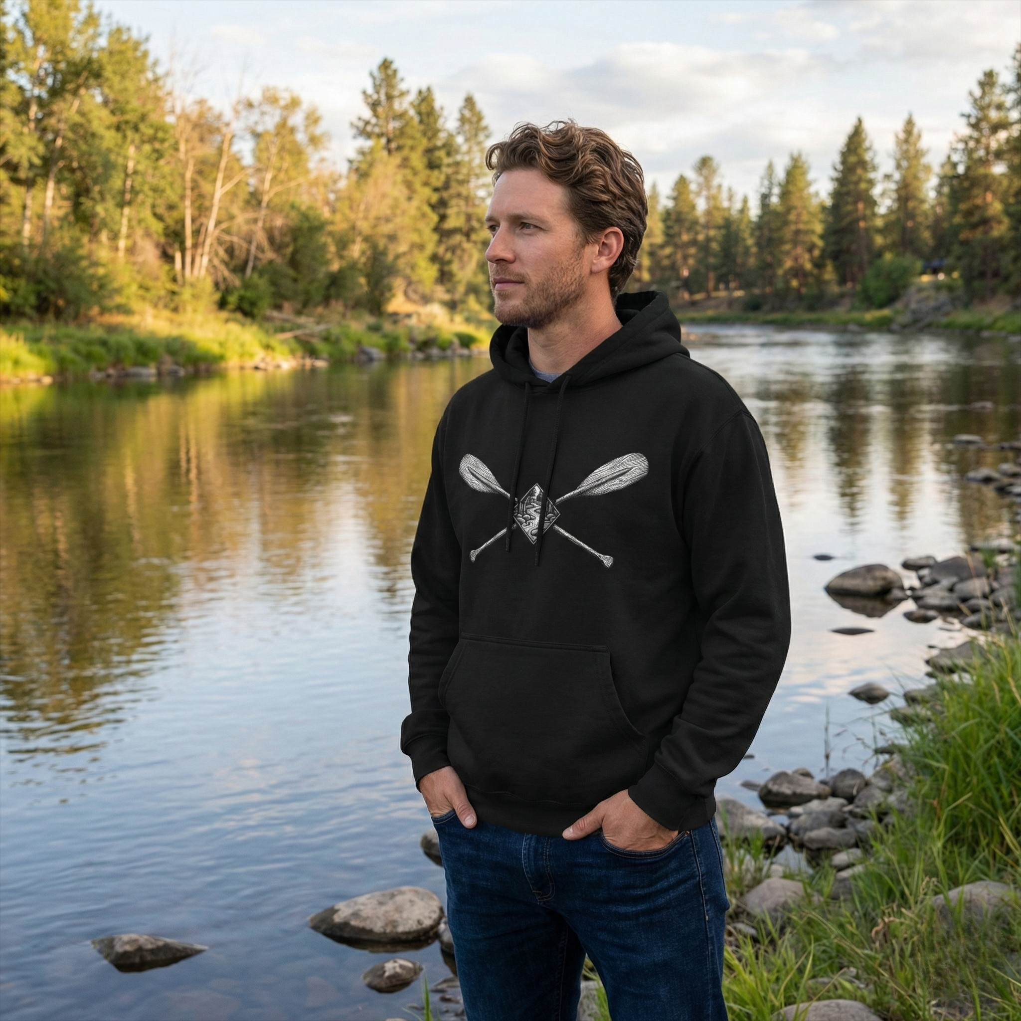 River Wanderer Premium Heavyweight Hoodie - Crossed Paddles Woodcut Design