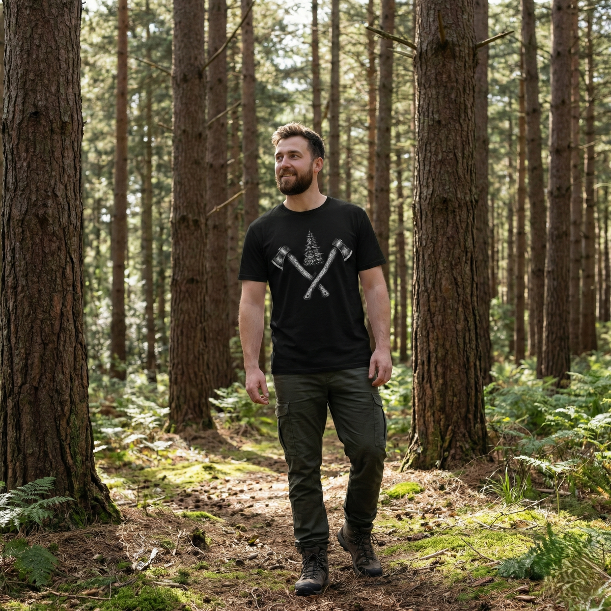 Axe & Pine Tree T-Shirt — Rustic Lumberjack Graphic Tee