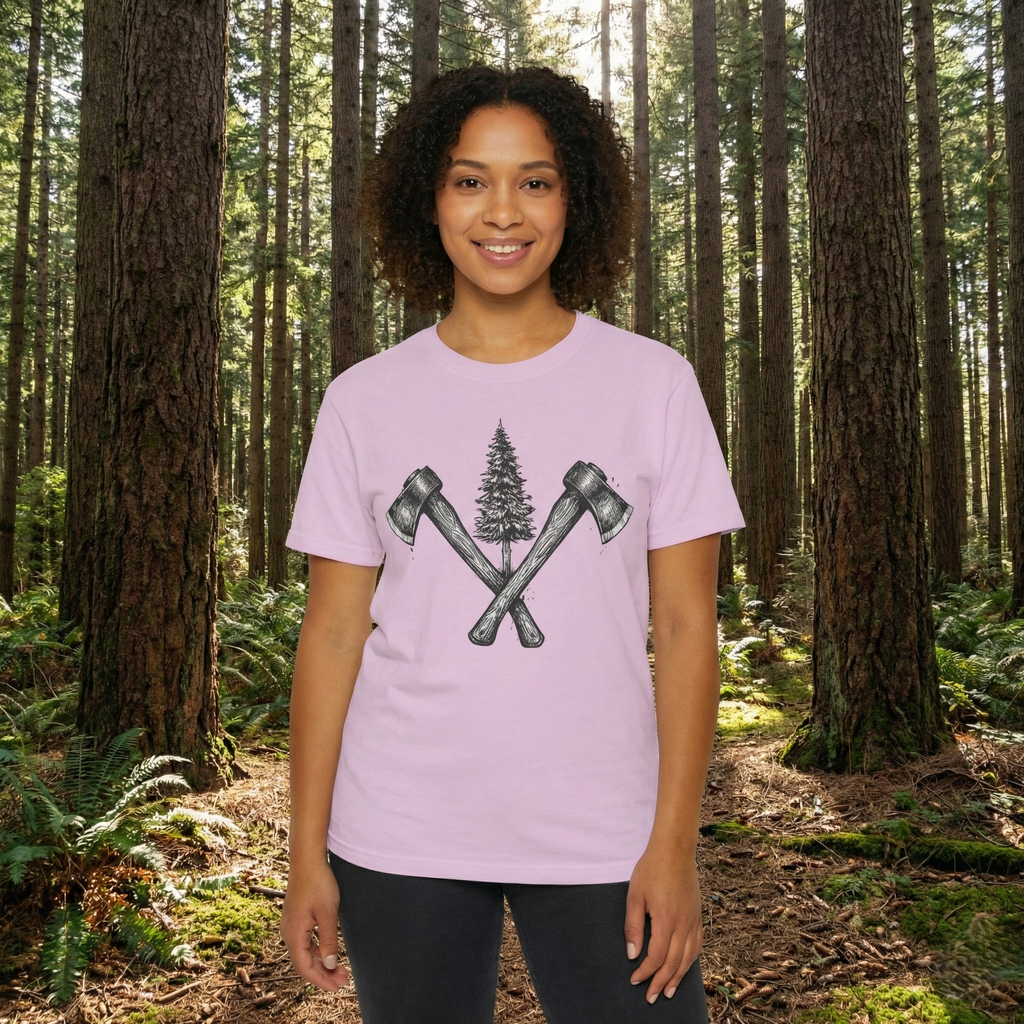 Axe & Pine Tree T-Shirt — Rustic Lumberjack Graphic Tee