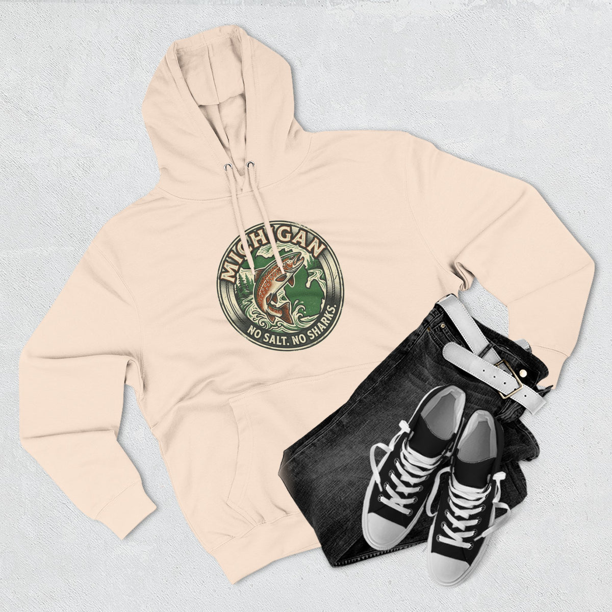 Michigan Fishing Badge Hoodie — No Salt, No Sharks Graphic Pullover