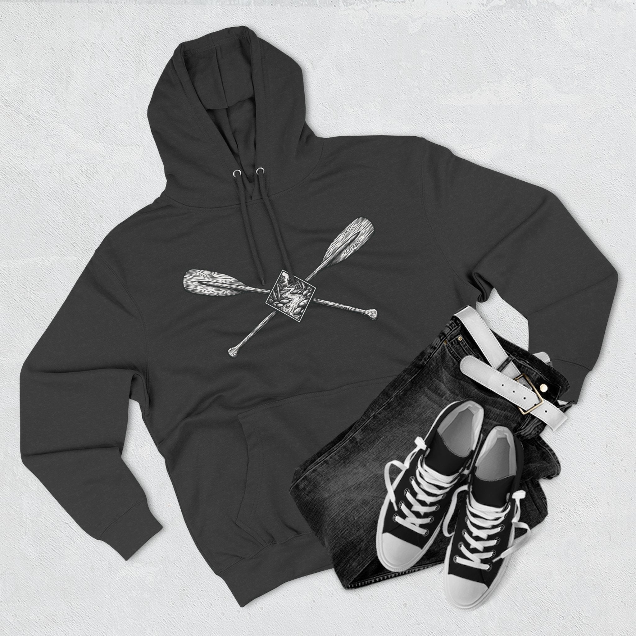 River Wanderer Premium Heavyweight Hoodie - Crossed Paddles Woodcut Design