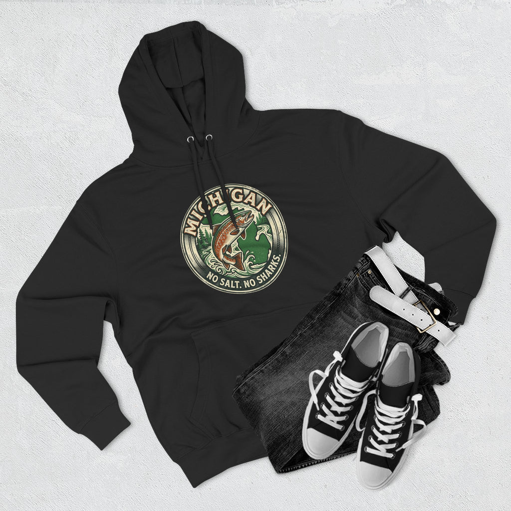 Michigan Fishing Badge Hoodie — No Salt, No Sharks Graphic Pullover