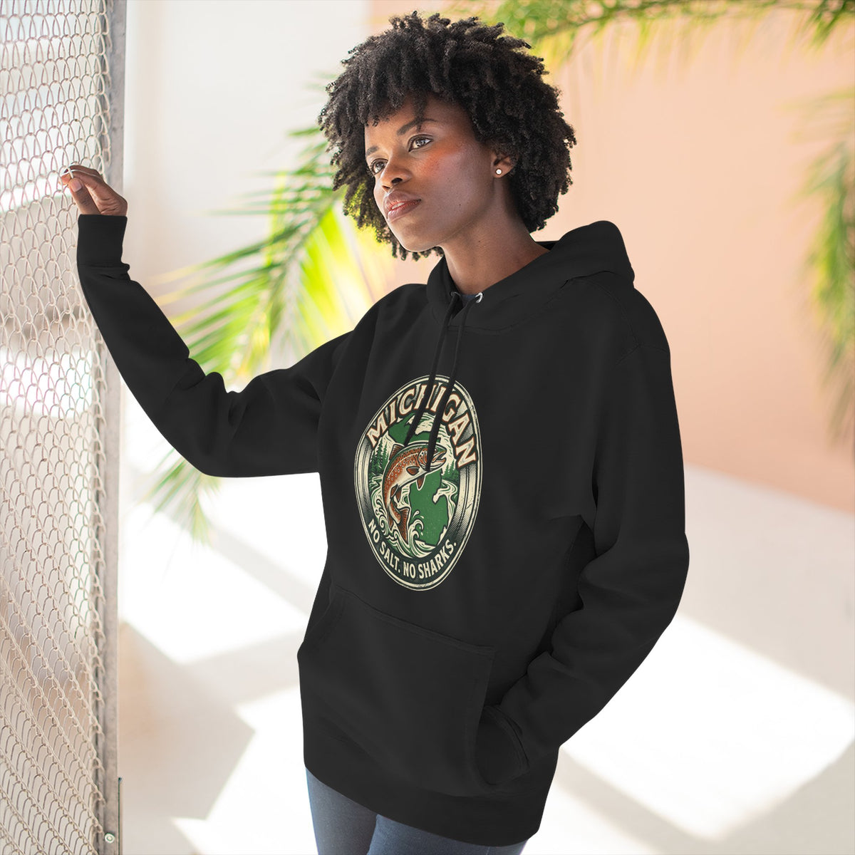 Michigan Fishing Badge Hoodie — No Salt, No Sharks Graphic Pullover