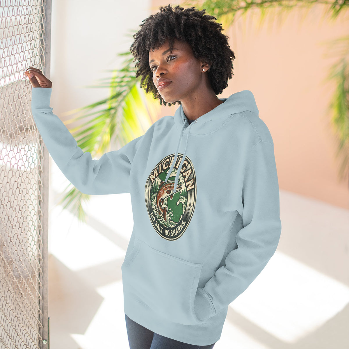 Michigan Fishing Badge Hoodie — No Salt, No Sharks Graphic Pullover