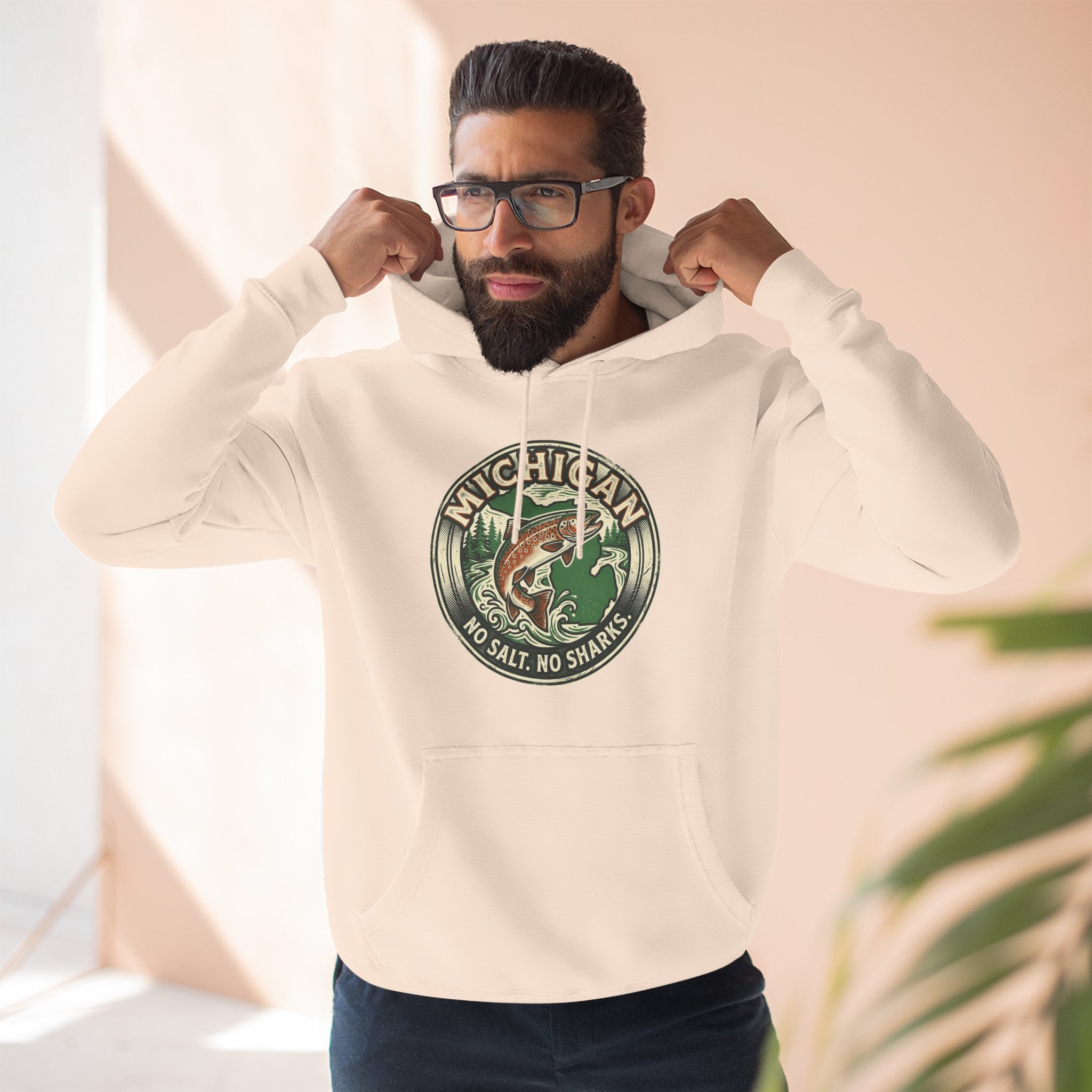 Michigan Fishing Badge Hoodie — No Salt, No Sharks Graphic Pullover