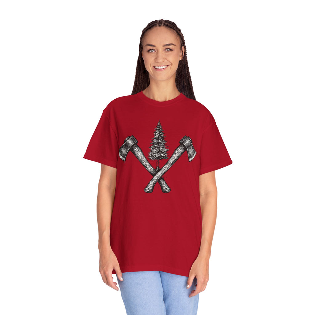 Axe & Pine Tree T-Shirt — Rustic Lumberjack Graphic Tee