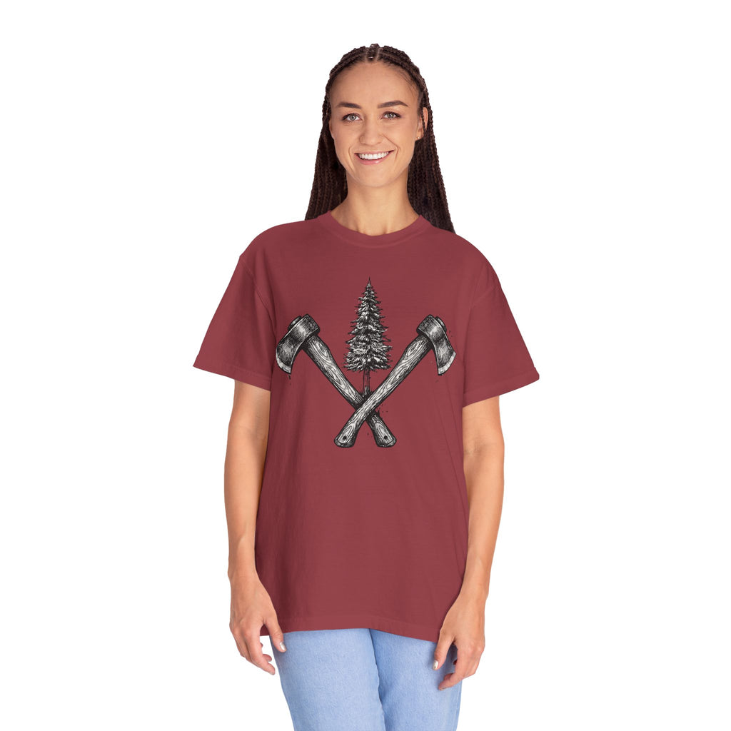 Axe & Pine Tree T-Shirt — Rustic Lumberjack Graphic Tee