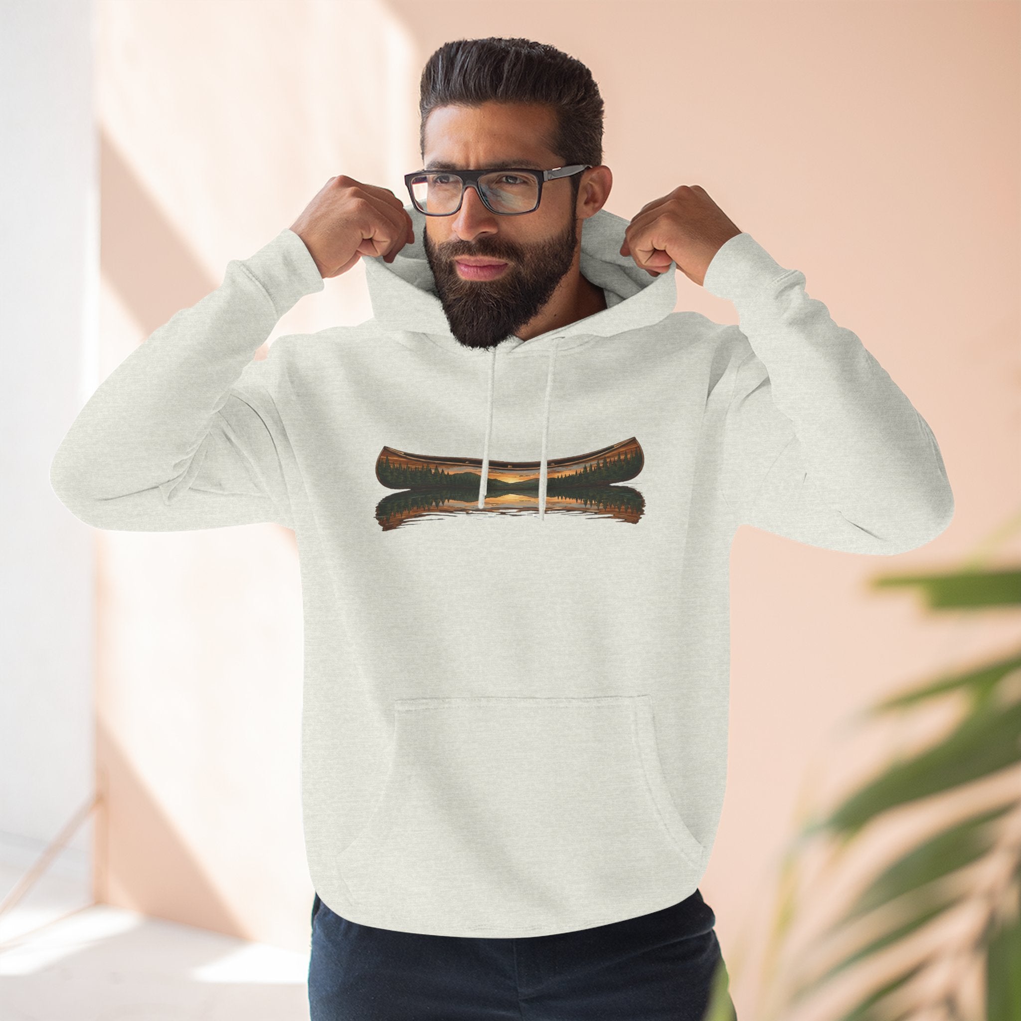 The "Morning Stillness" Premium Hoodie - Vintage Canoe Woodcut